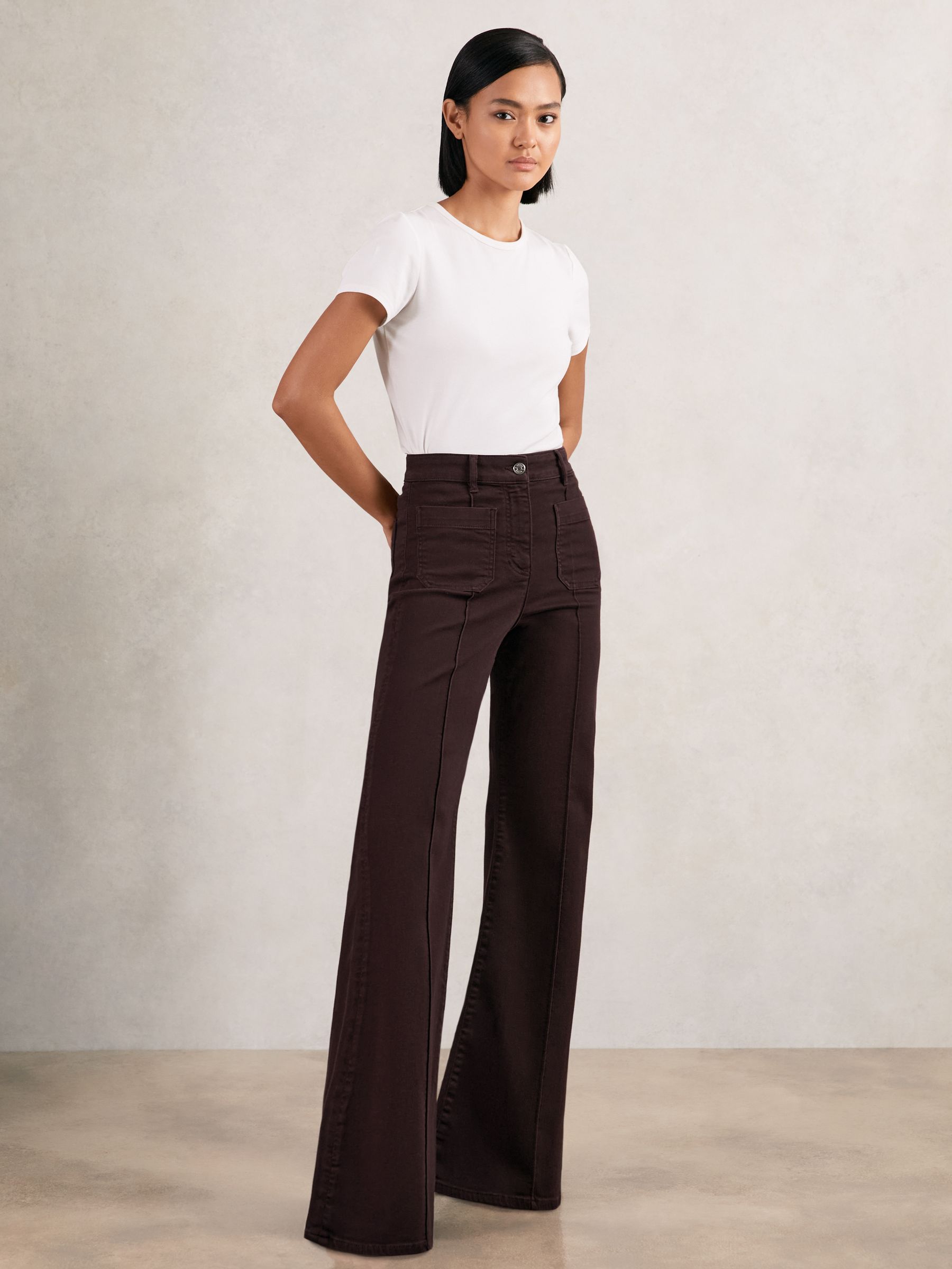 Patch-Pocket Flared Jeans in Burgundy