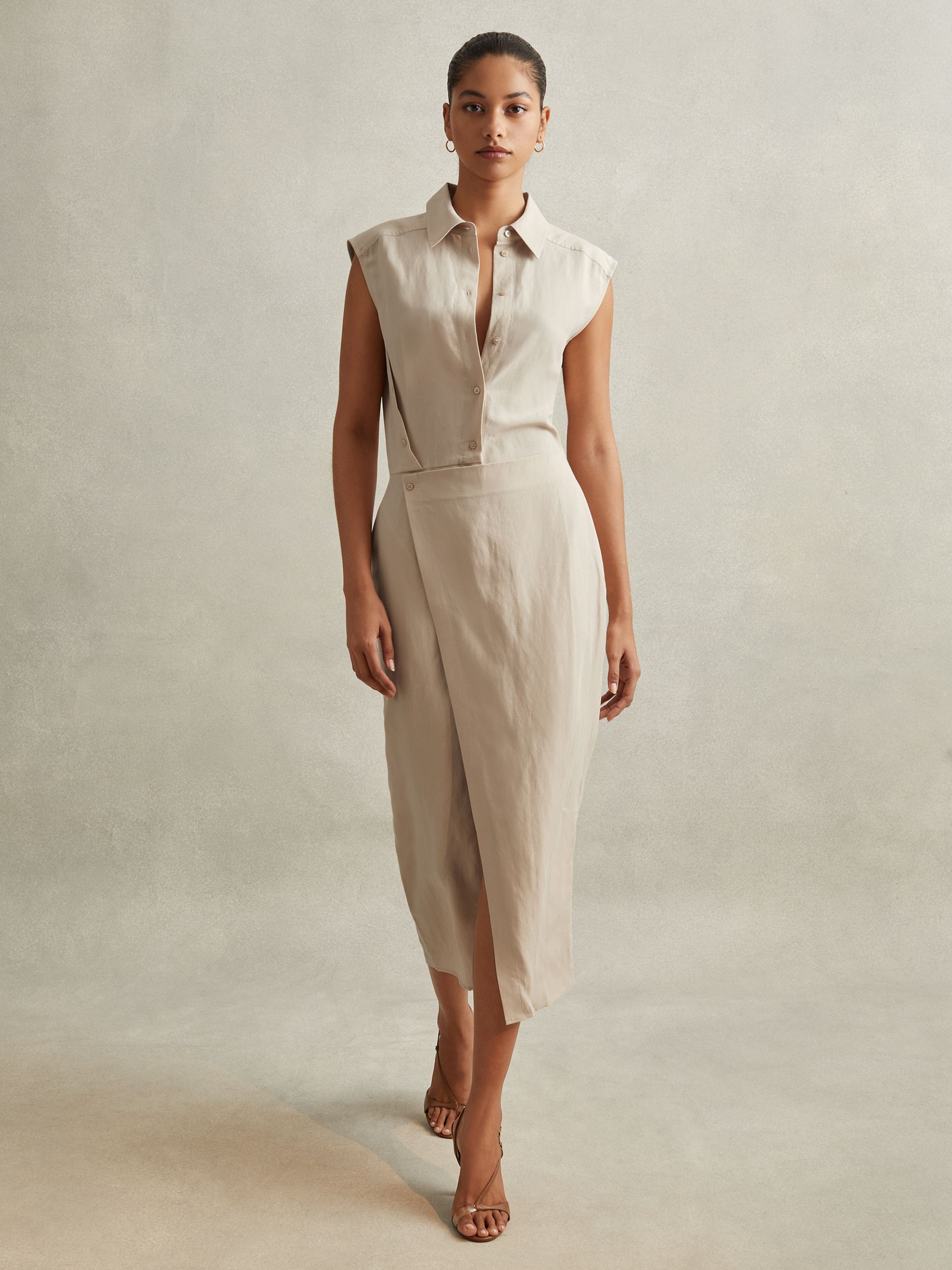 Lyocell Linen Wrap Front Midi Dress in Neutral