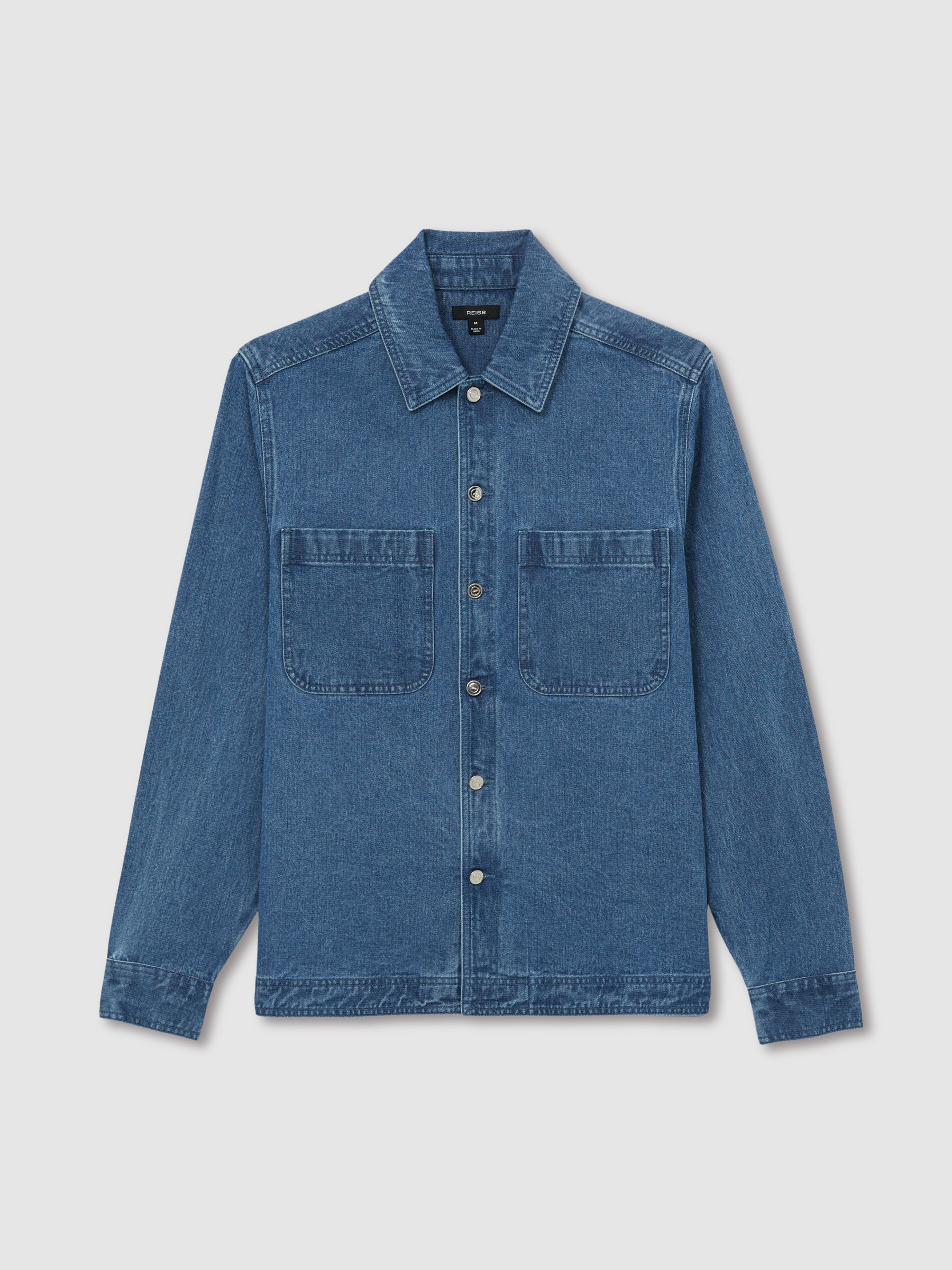 Cotton-Denim Button-Through Overshirt in Light Blue Wash