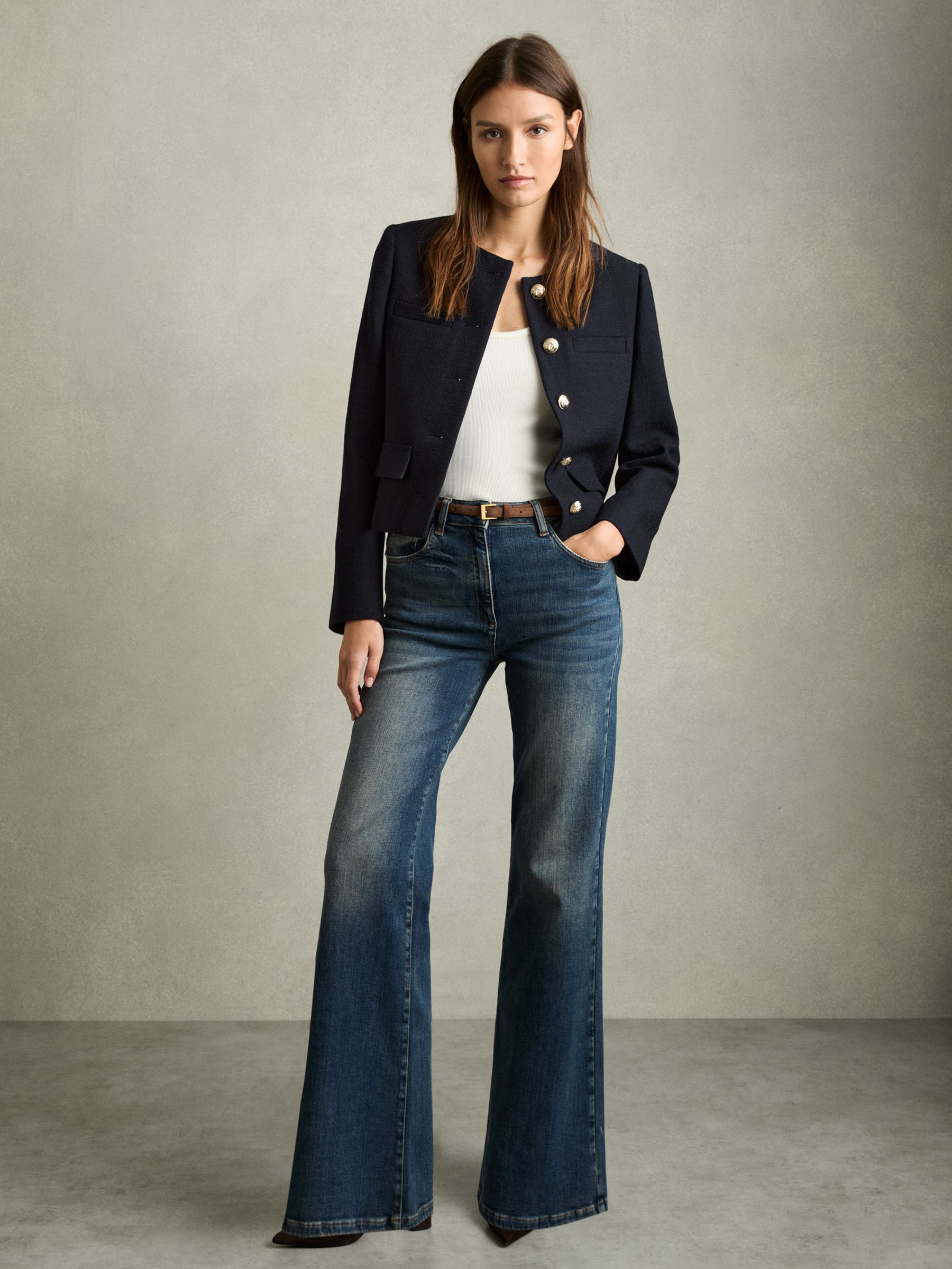 Cropped Wool Single Breasted Jacket in Navy