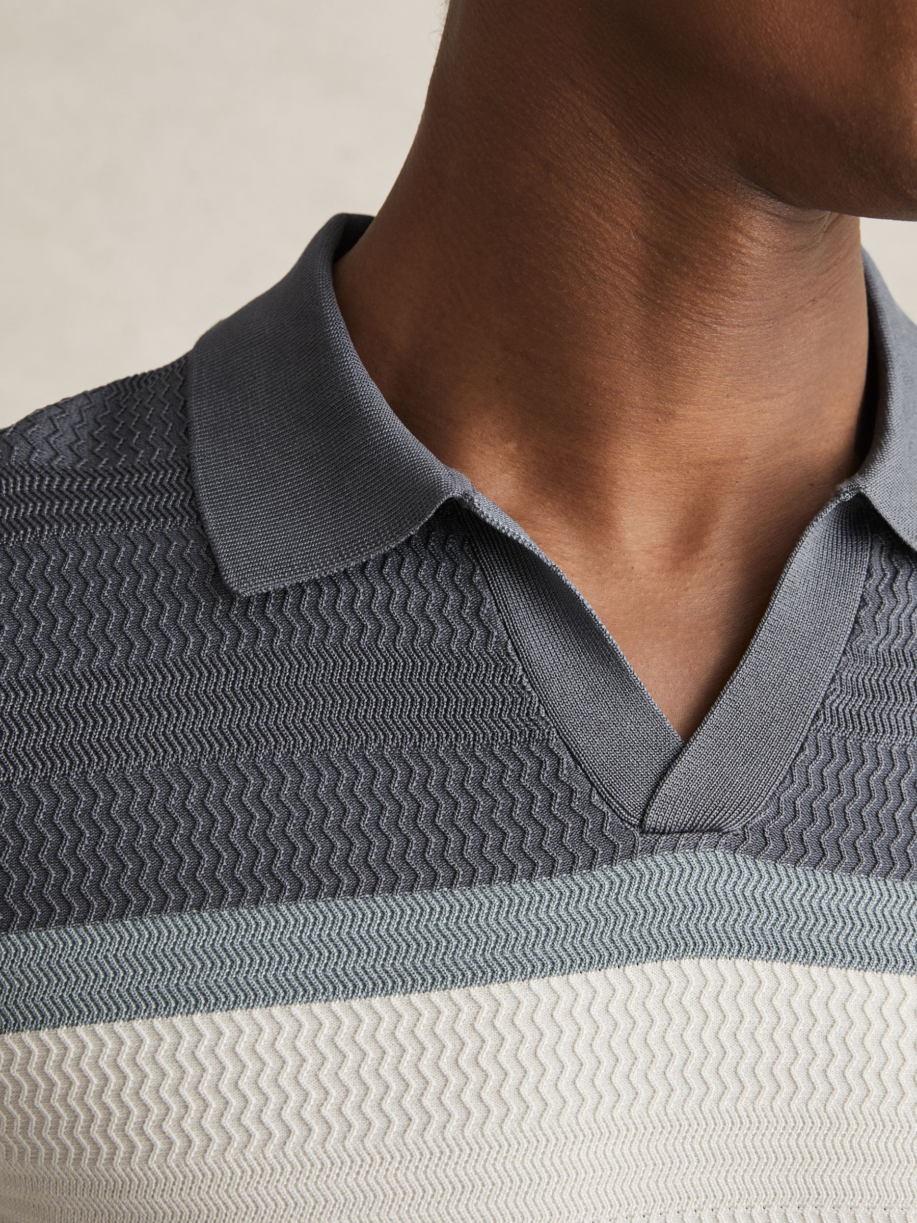 Textured Knit Stripe Polo Shirt in Airforce Blue