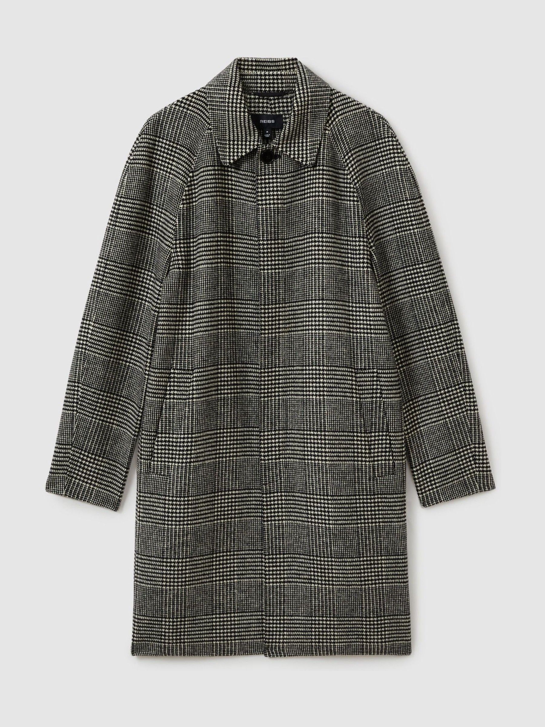 Checked Wool-Blend Car Coat in Black/White