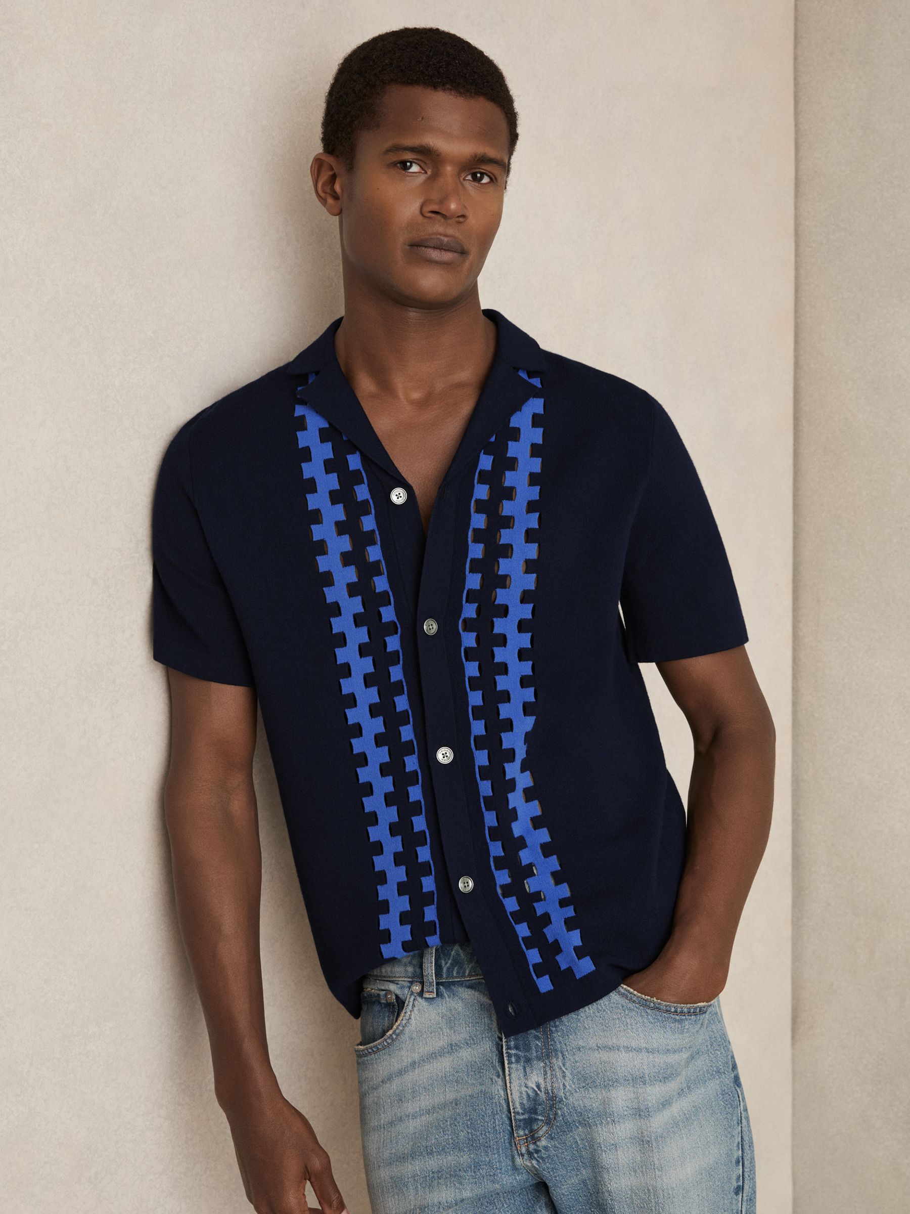 Geometric Cuban-Collar Knit Shirt in Navy/Blue