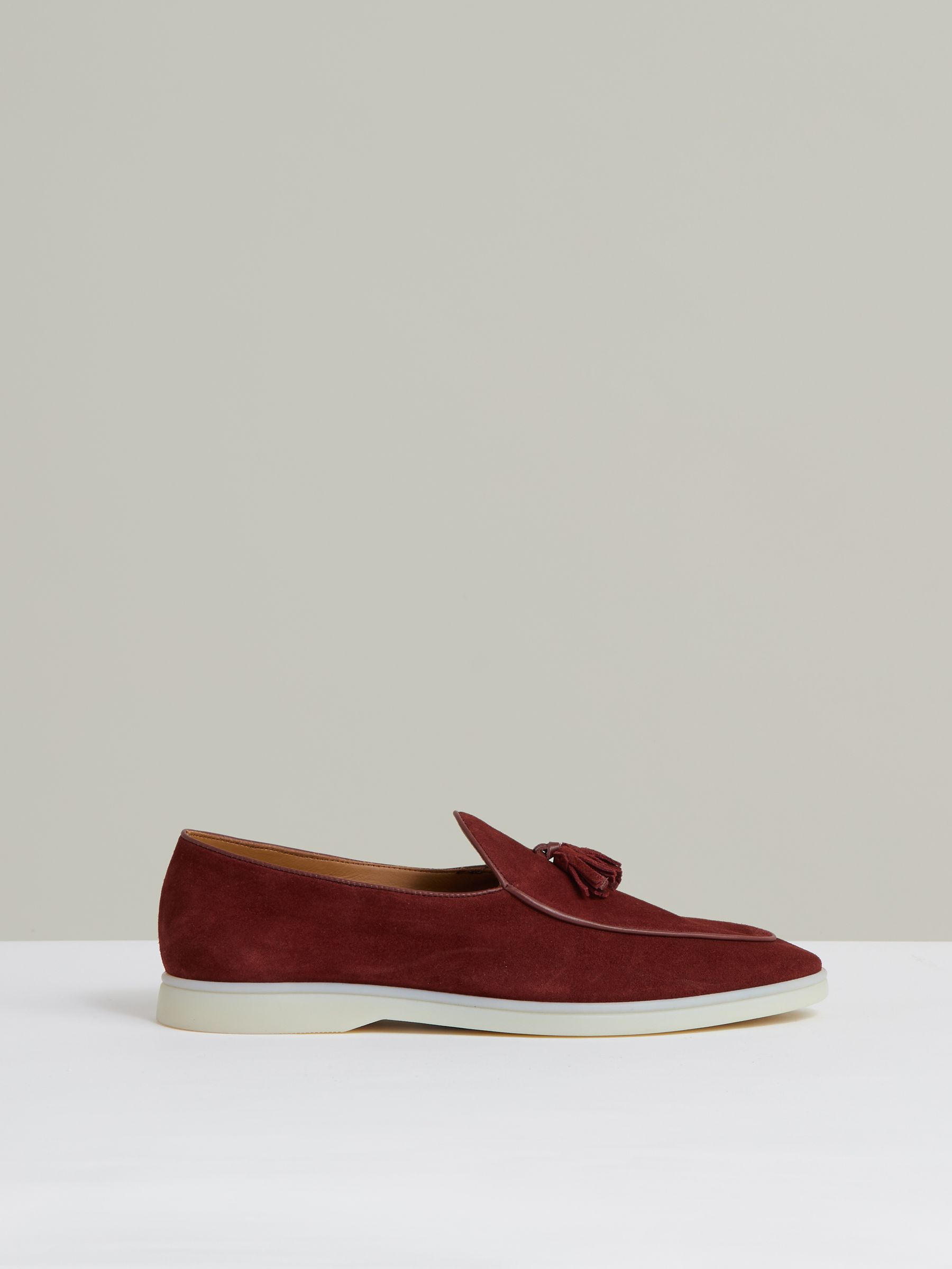 Suede Tassel Loafers in Maroon Red
