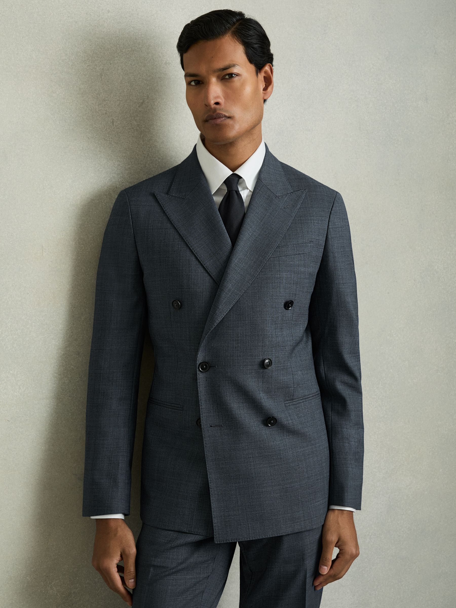 Regular-Fit Double-Breasted Sharkskin Wool-Blend Suit Blazer in Airforce Blue