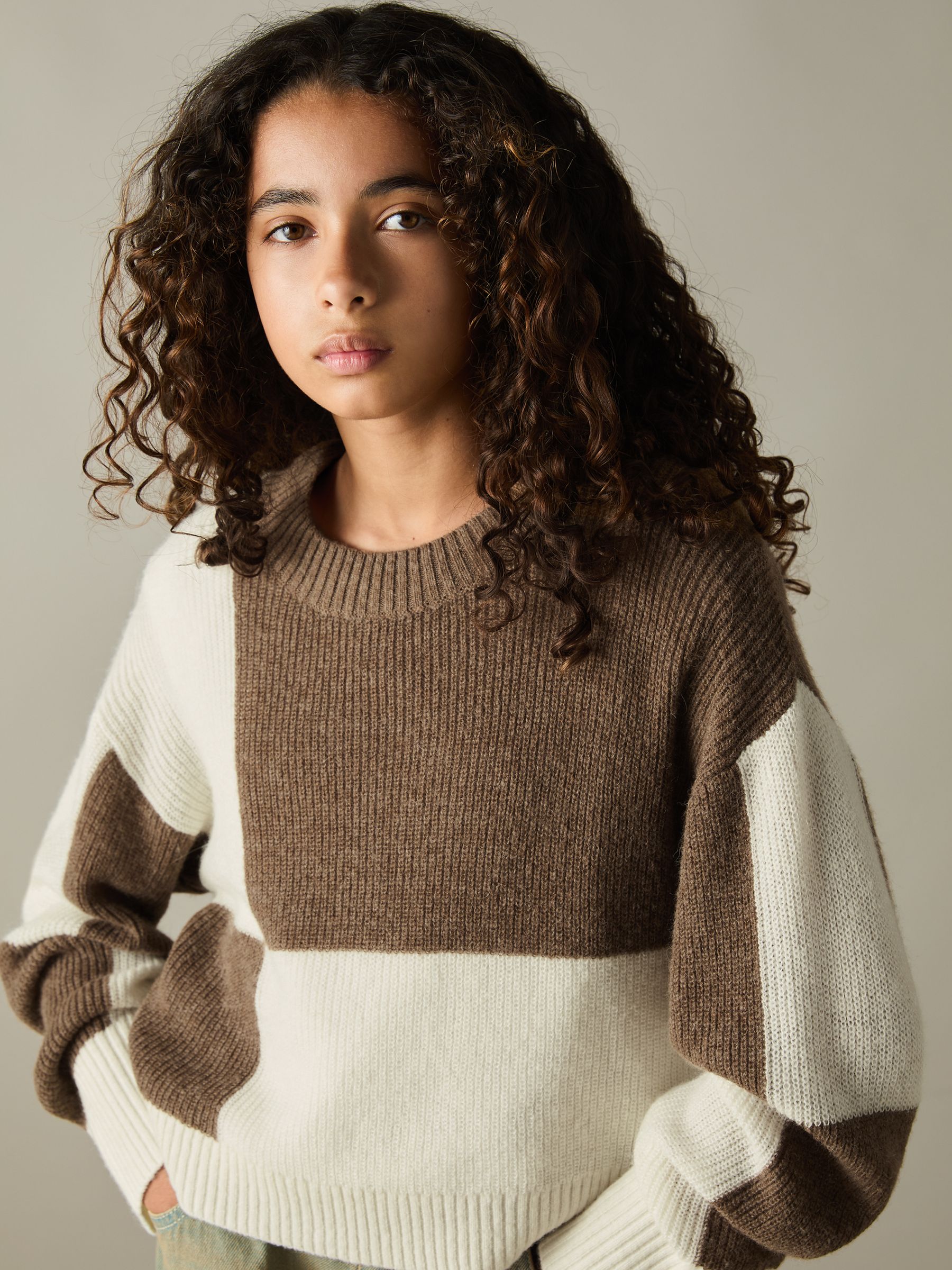 9-13 yrs Colourblock-Intarsia Jumper with Wool and Alpaca in Brown