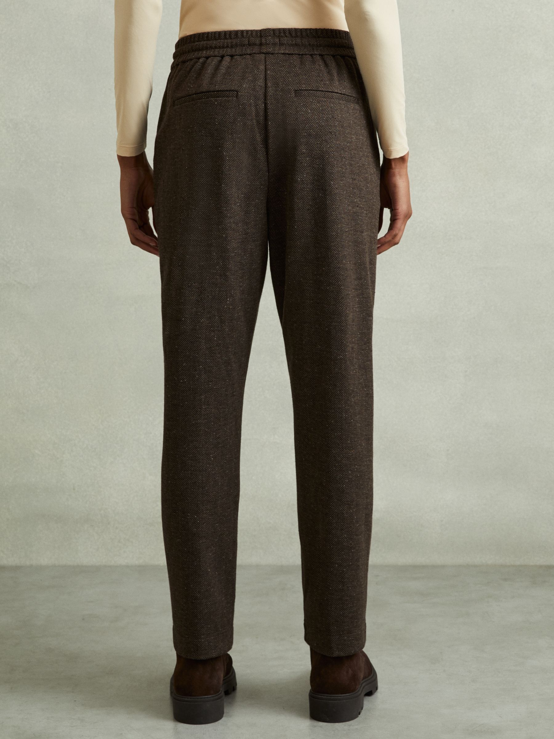 Marled Cotton Blend Drawstring Tapered Trousers in Chocolate