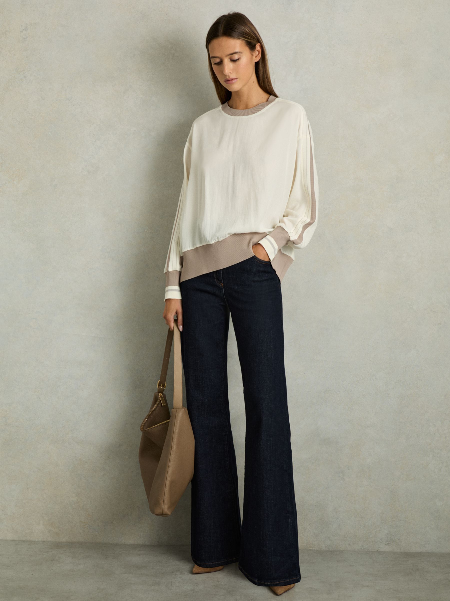 Lyocell Woven Contrast-Trim Top in Neutral