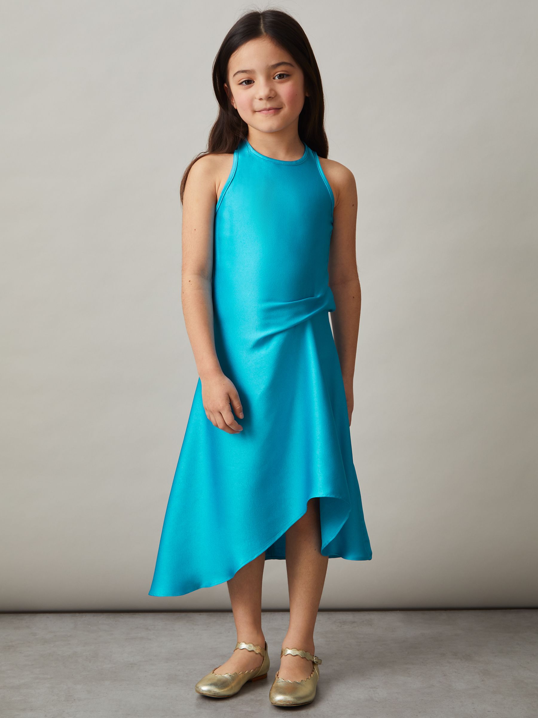 13-14 yrs Satin Drape Tuck Midi Dress in Blue