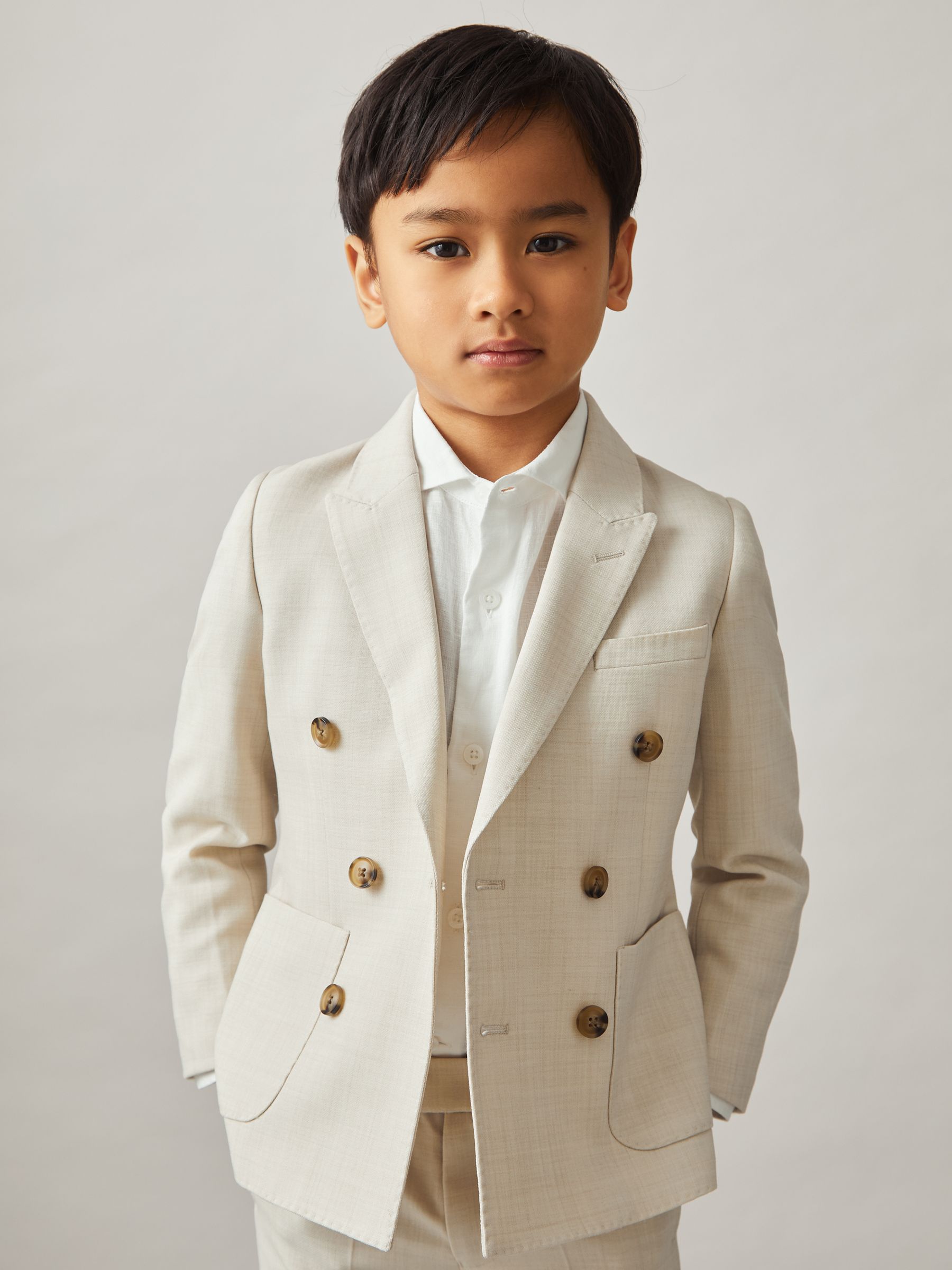 9-13 yrs Double-Breasted Textured Blazer With Wool in Stone
