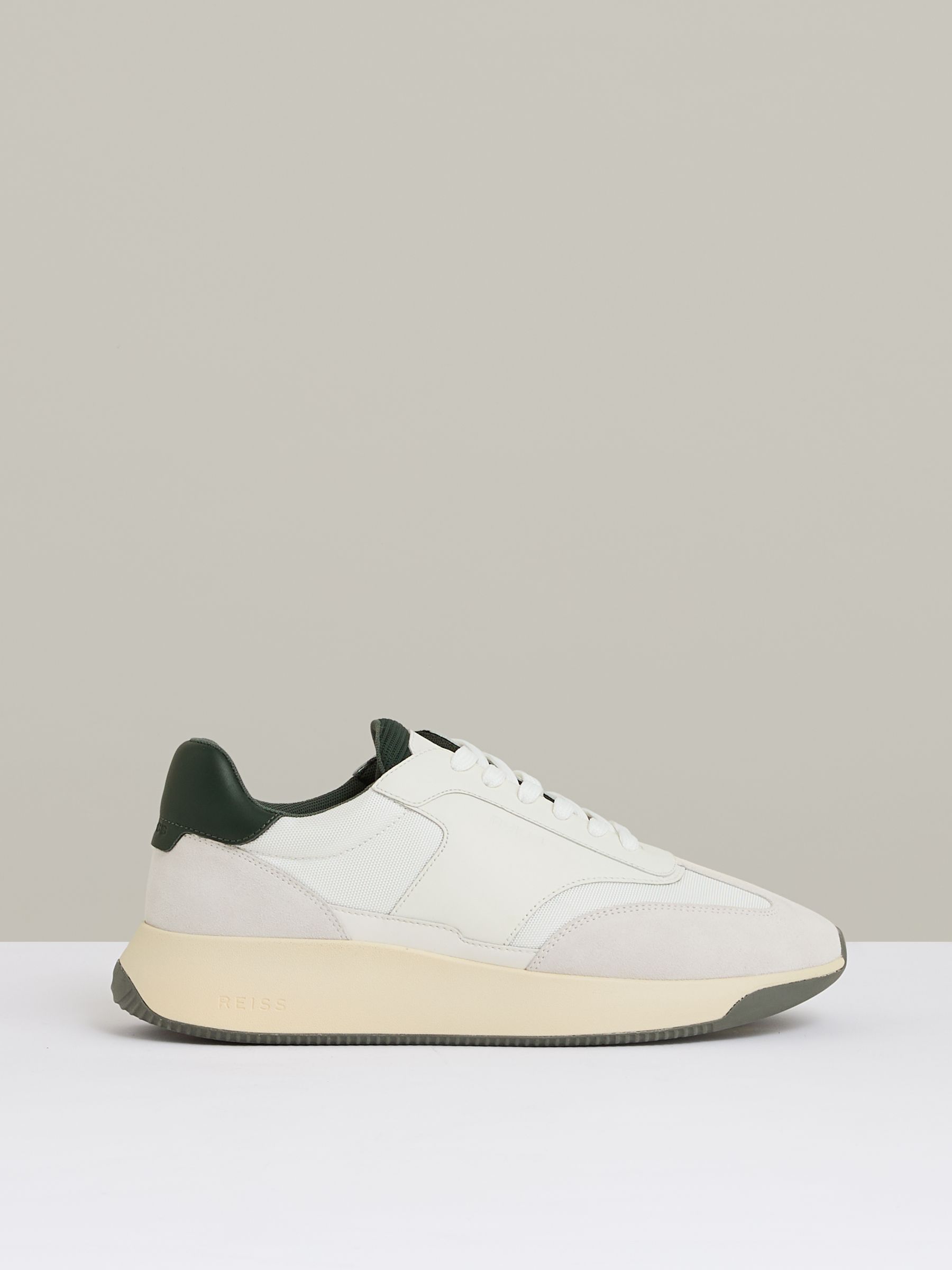 Leather Suede Running Trainers in Off White/Green