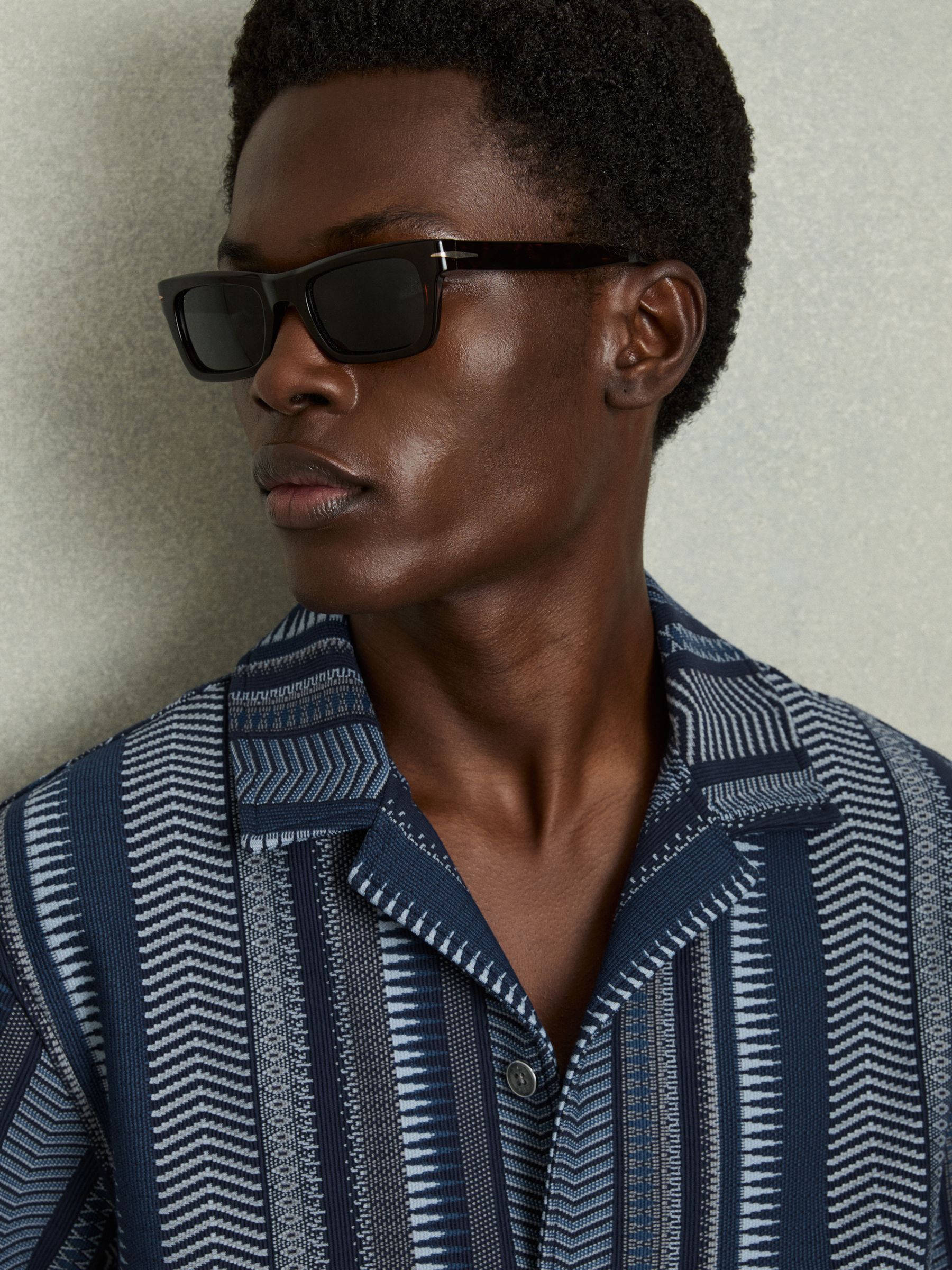 Aztec-Stripe Cuban-Collar Shirt in Navy