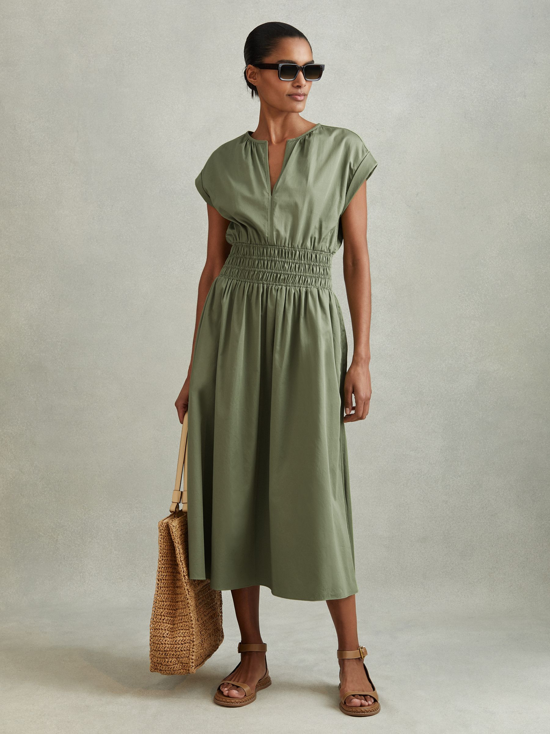 Cotton Ruched Waist Midi Dress in Green