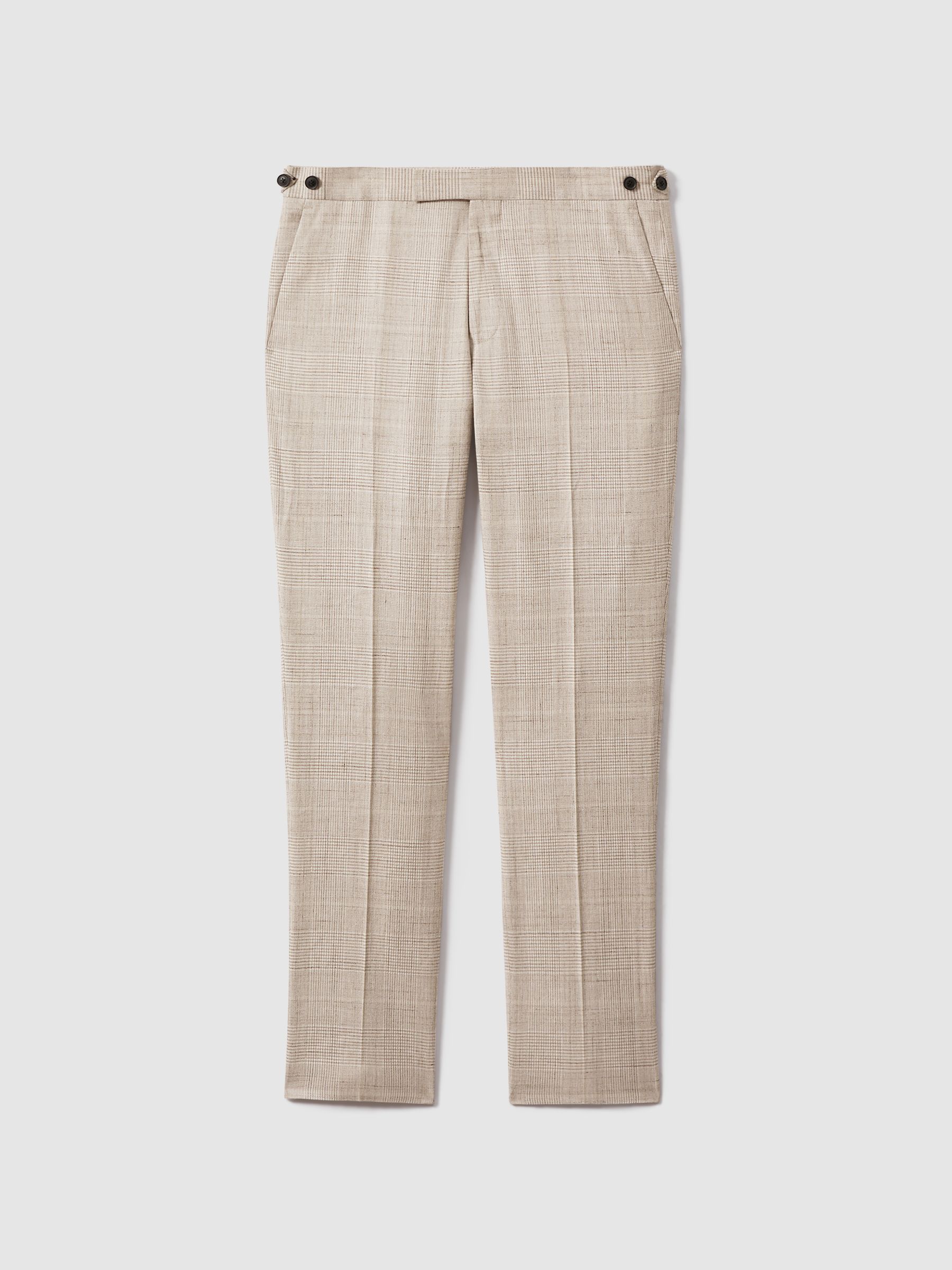 Slim Fit Linen Blend Check Trousers in Oatmeal