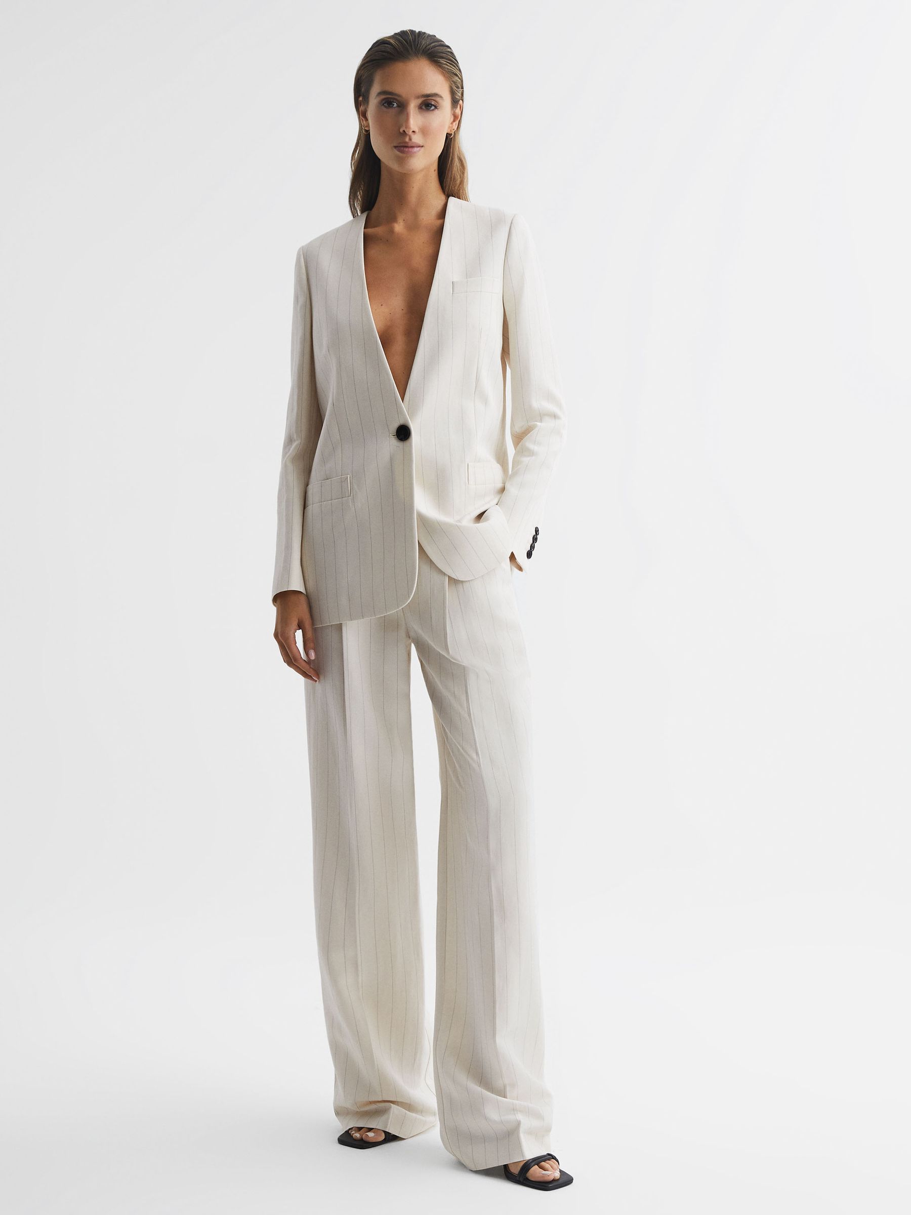 Collarless Pinstripe Blazer in White