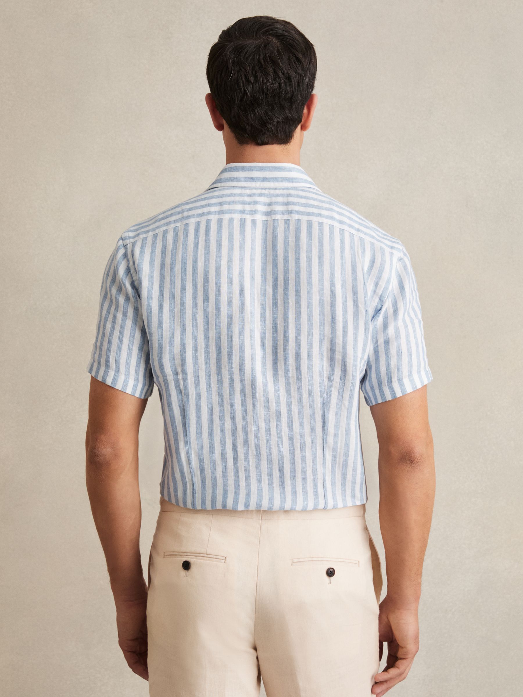 Slim Fit Linen Button-Through Shirt in Soft Blue Herringbone Stripe