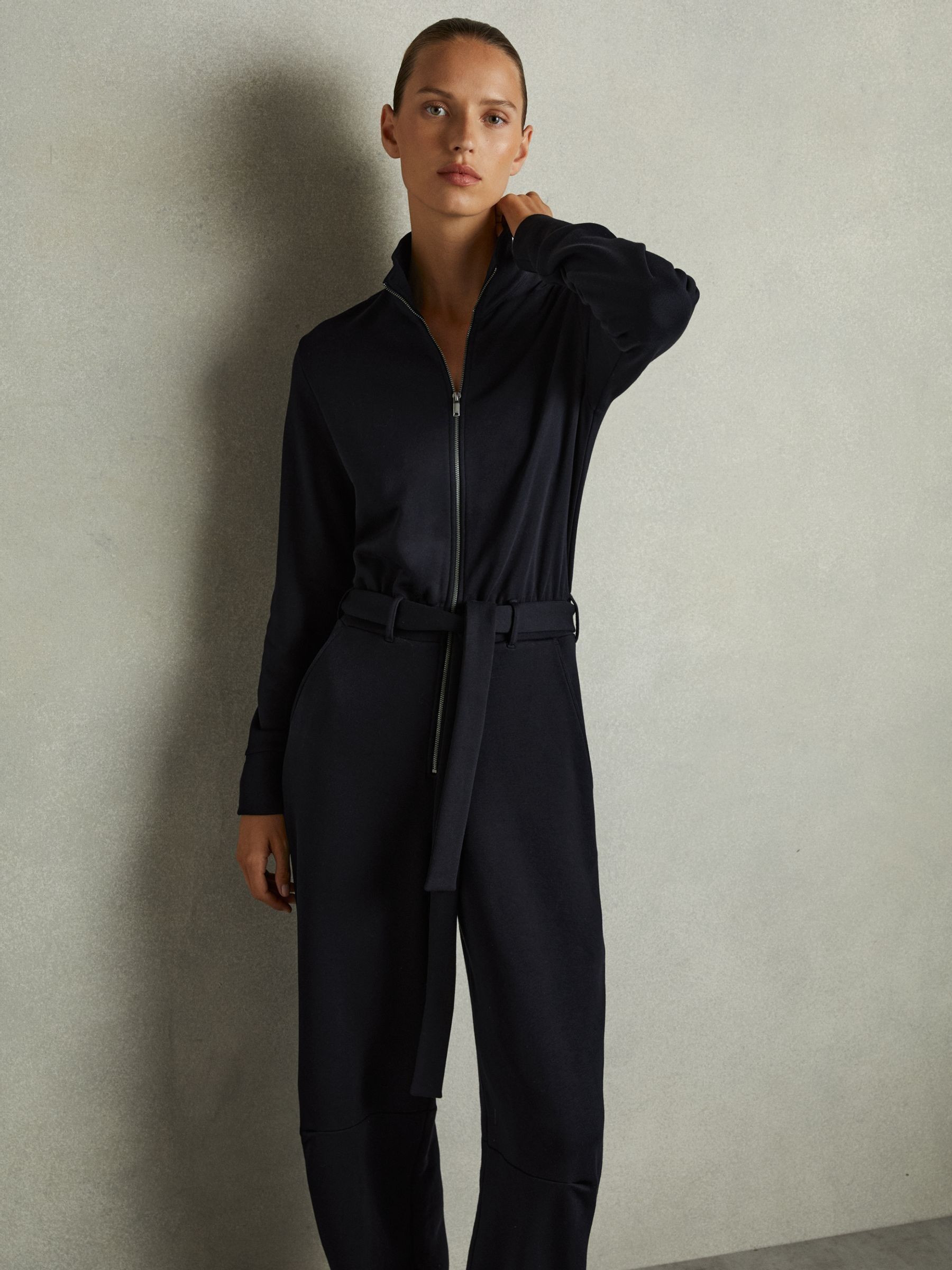 Belted Loopback-Jersey Jumpsuit in Navy
