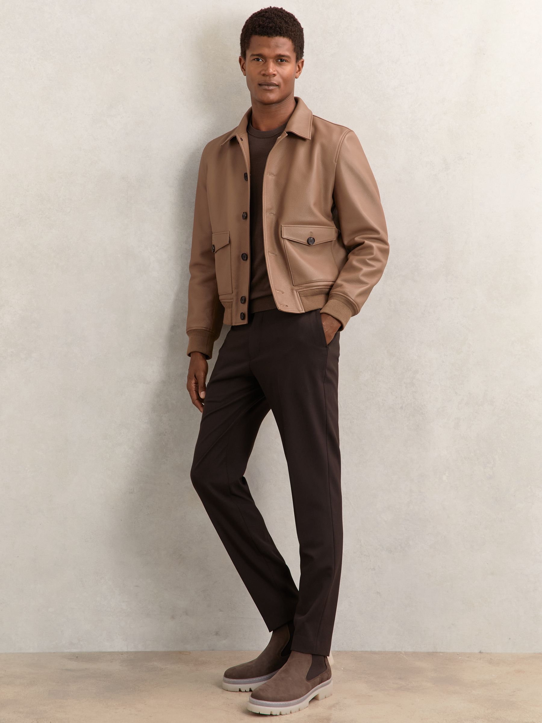 Tumbled-Leather Harrington Jacket in Tan Brown