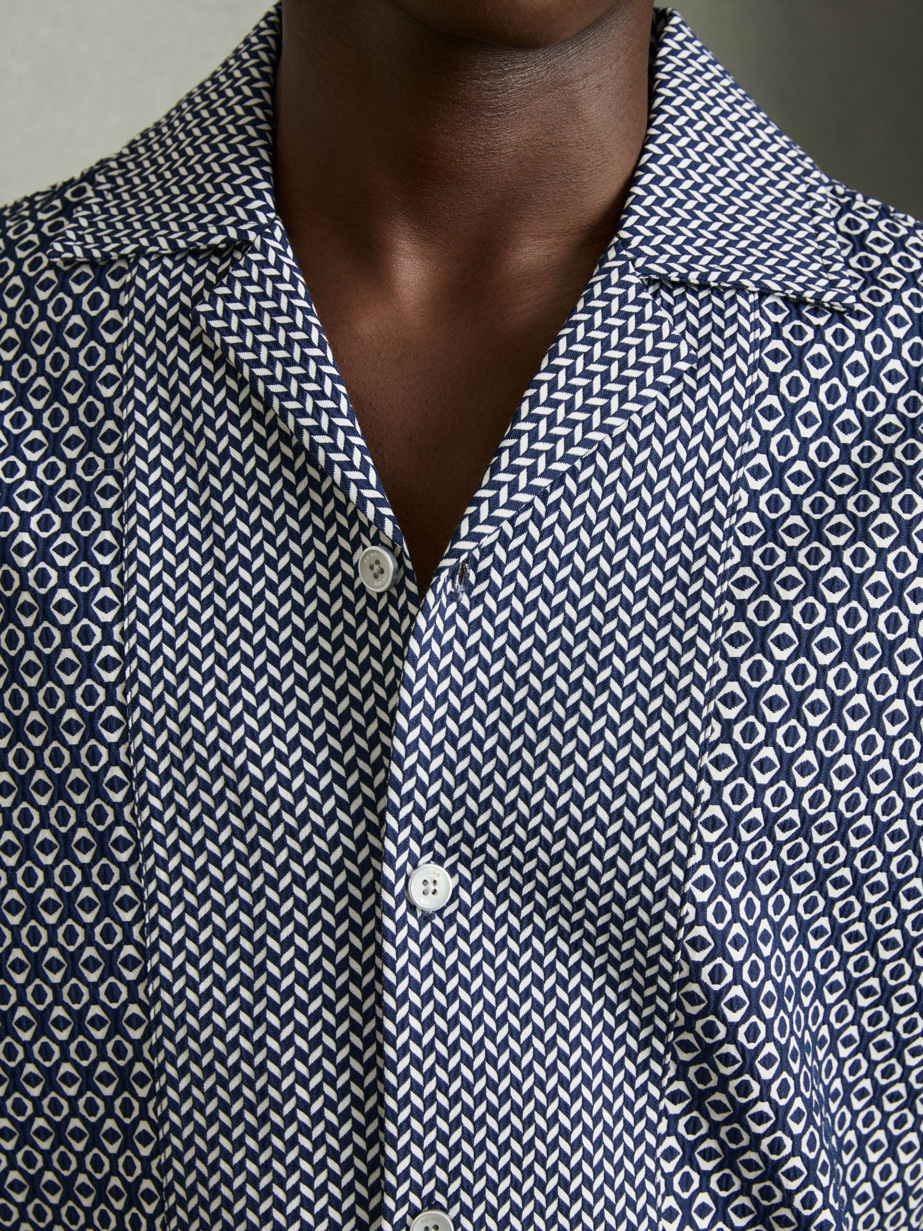 Geometric-Jacquard Cuban-Collar Shirt in Navy/White