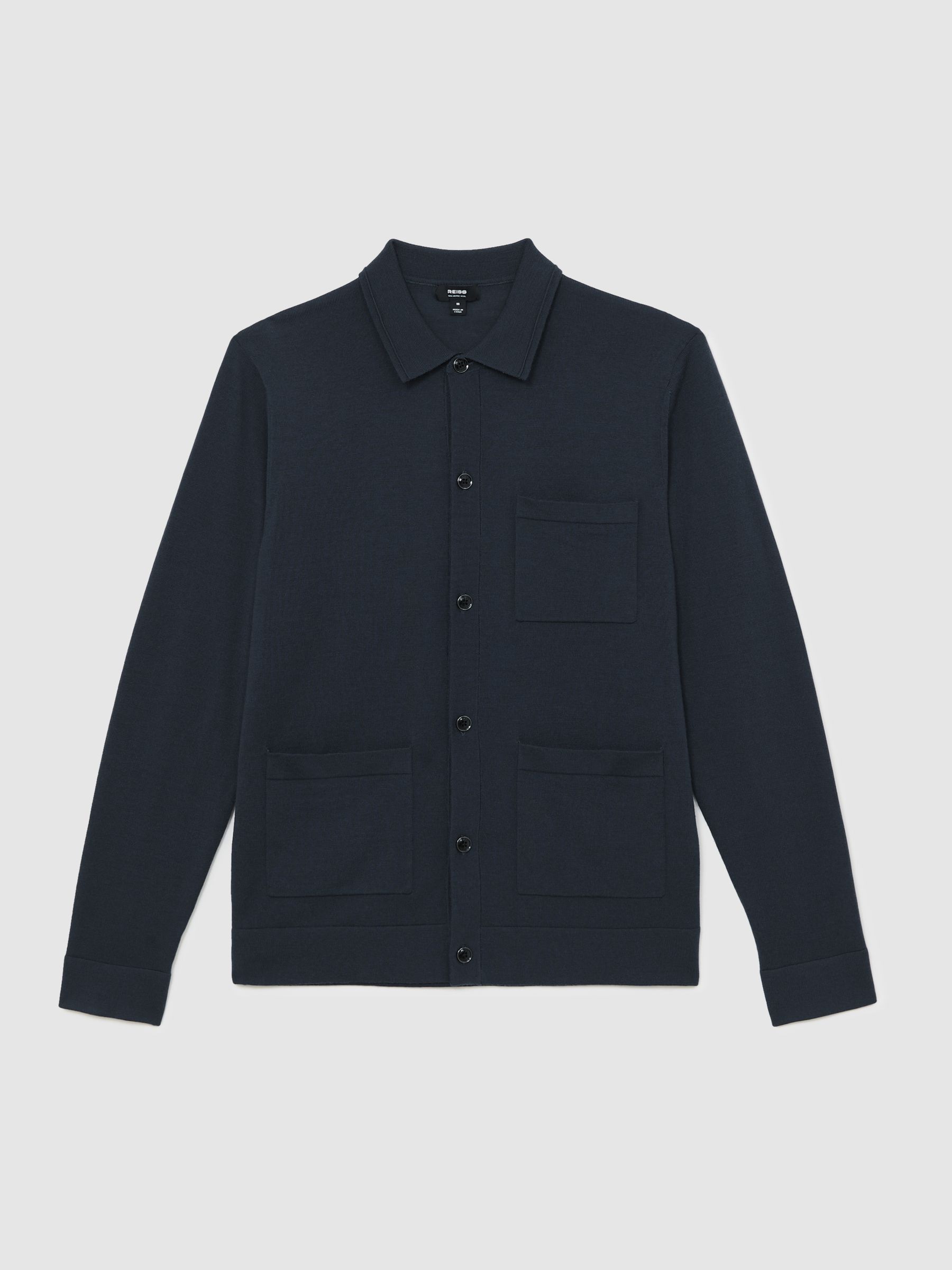 Merino Wool Button-Through Shirt in Midnight Navy