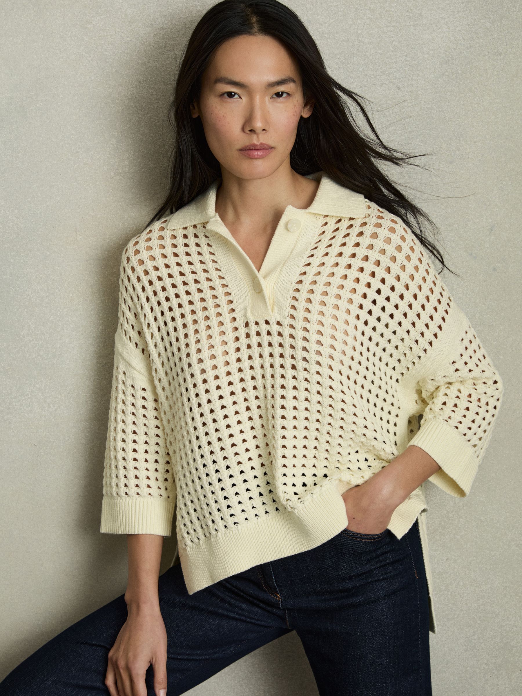 Cotton Crochet Collared Jumper in Buttermilk