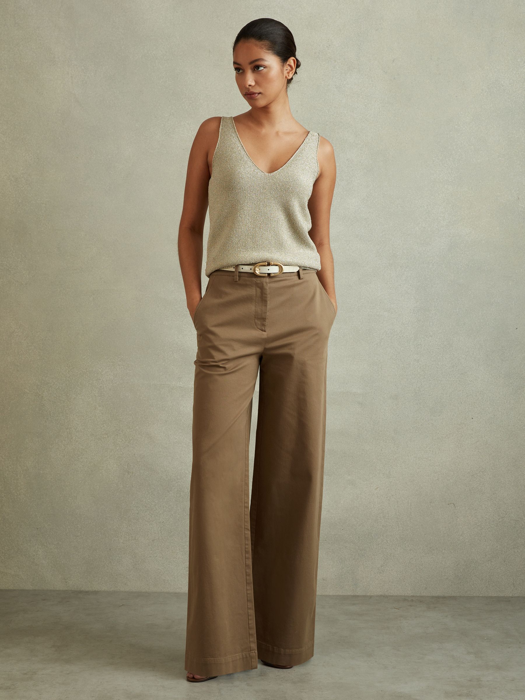 Cotton Blend Wide Leg Trousers in Dark Camel