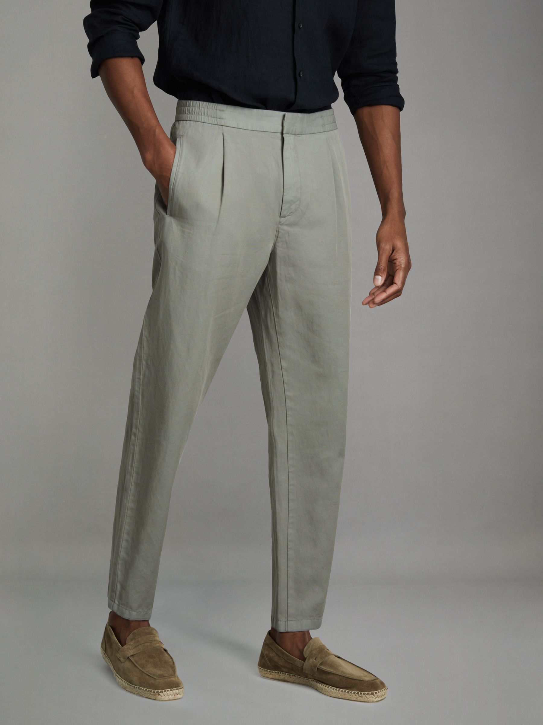 Relaxed Cotton/Linen Blend Elasticated Waist Trousers in Pistachio