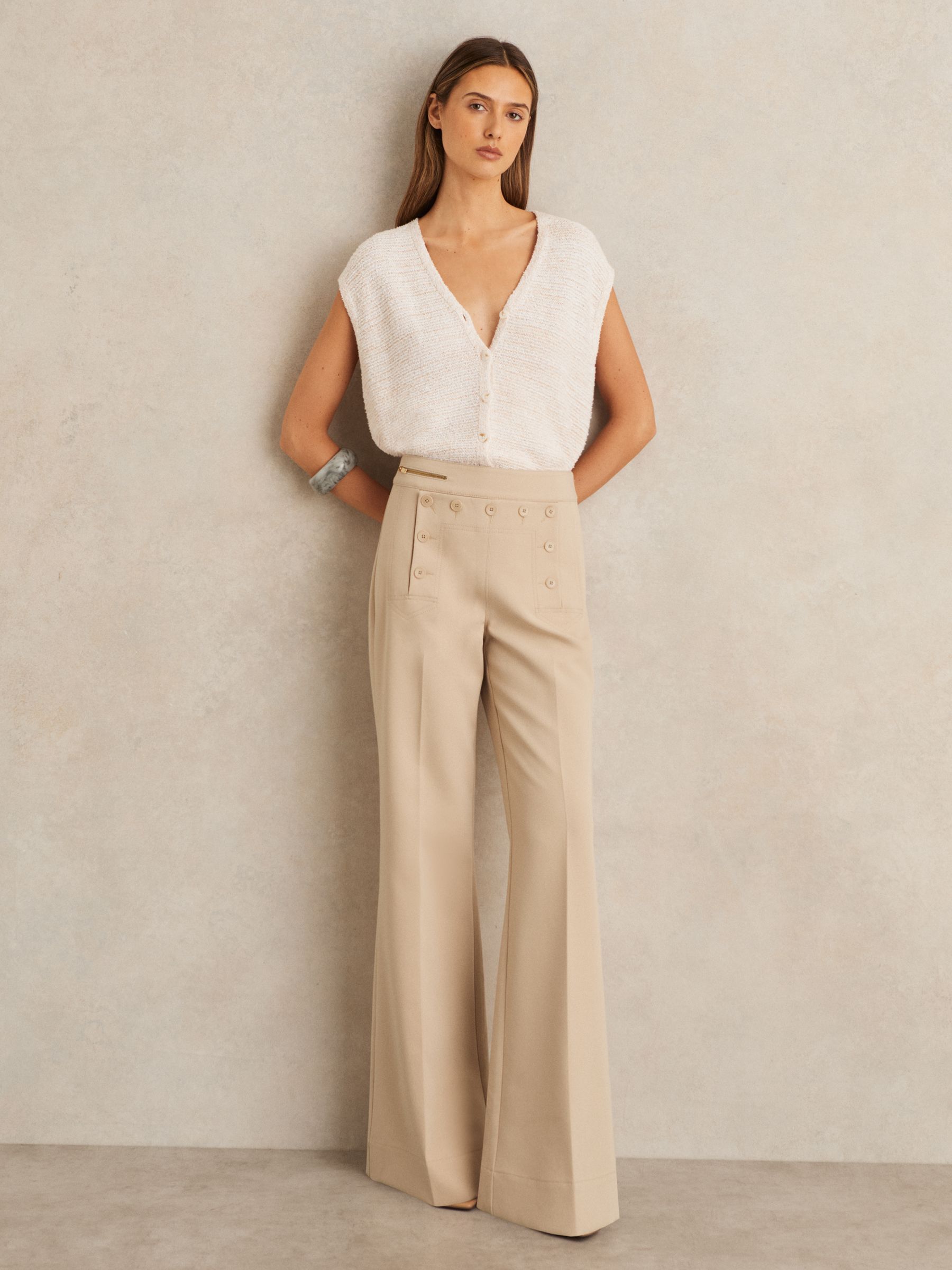 Button-Detail Wide-Leg Trousers in Neutral