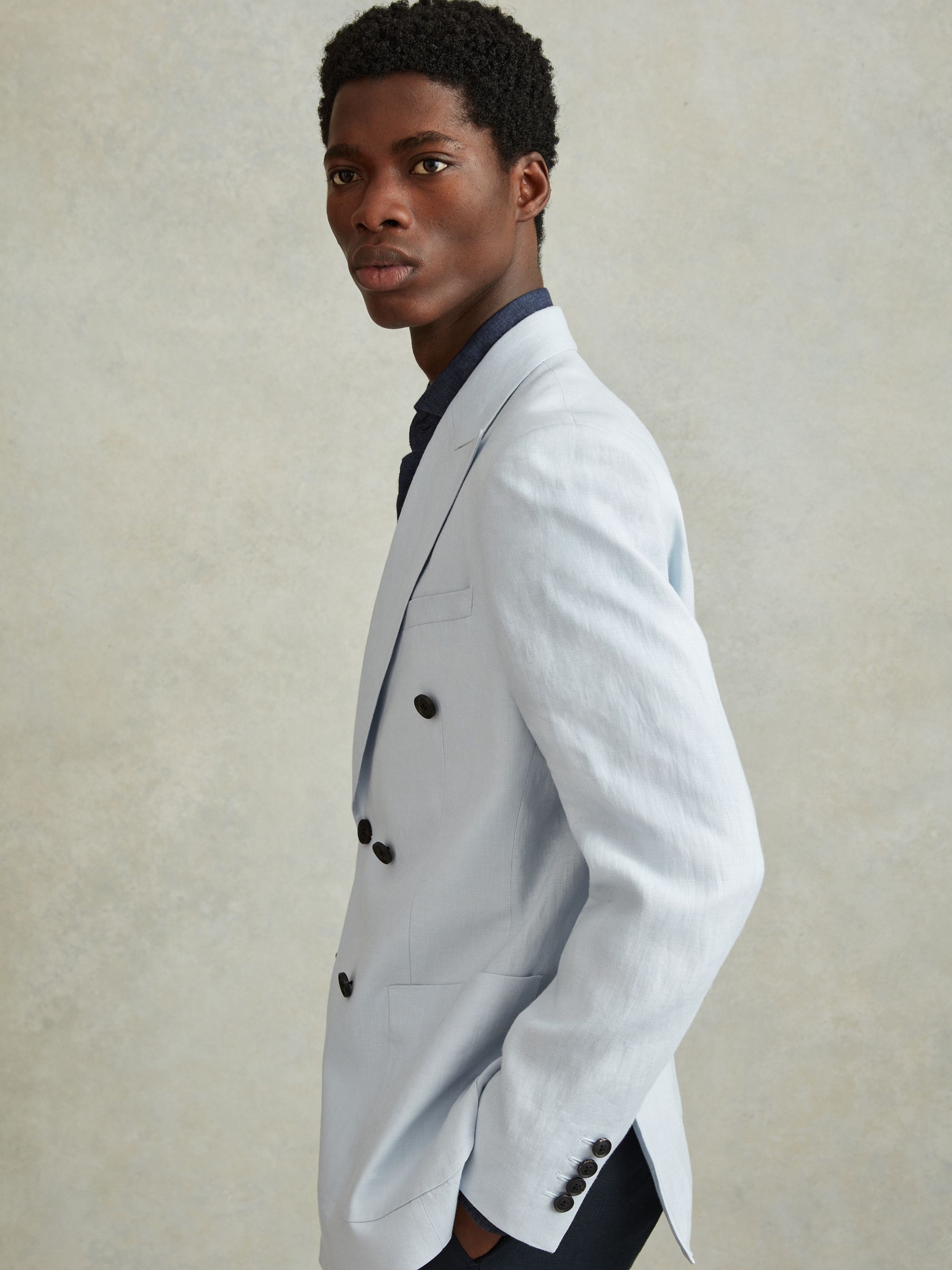 Double Breasted 100% Linen Slim Fit Blazer in Soft Blue