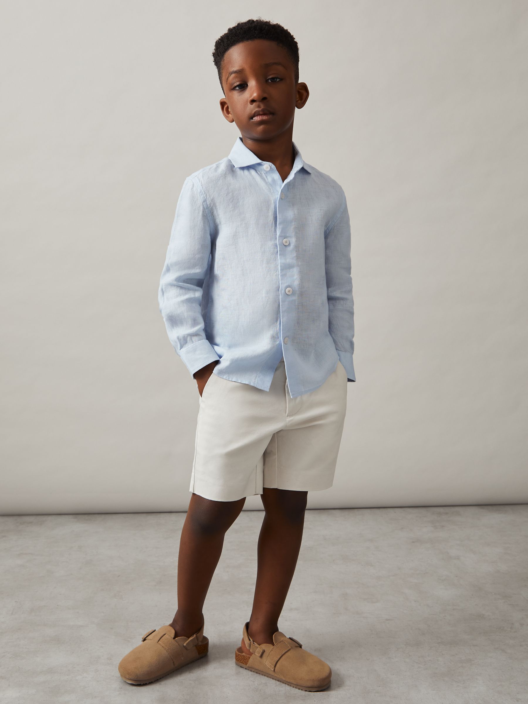 9-13 yrs Linen Cutaway Collar Shirt in Pale Blue