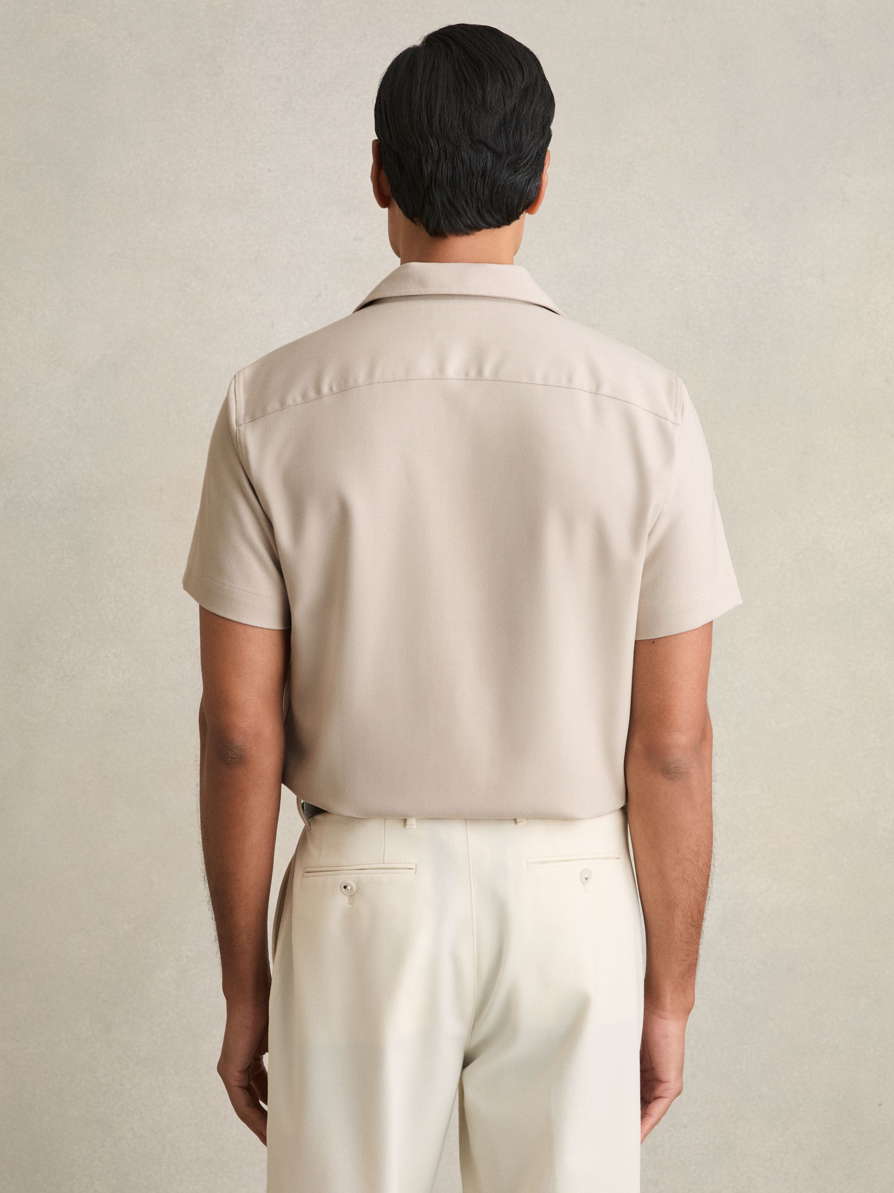 Herringbone Twill Cuban Collar Short Sleeve Shirt in Stone