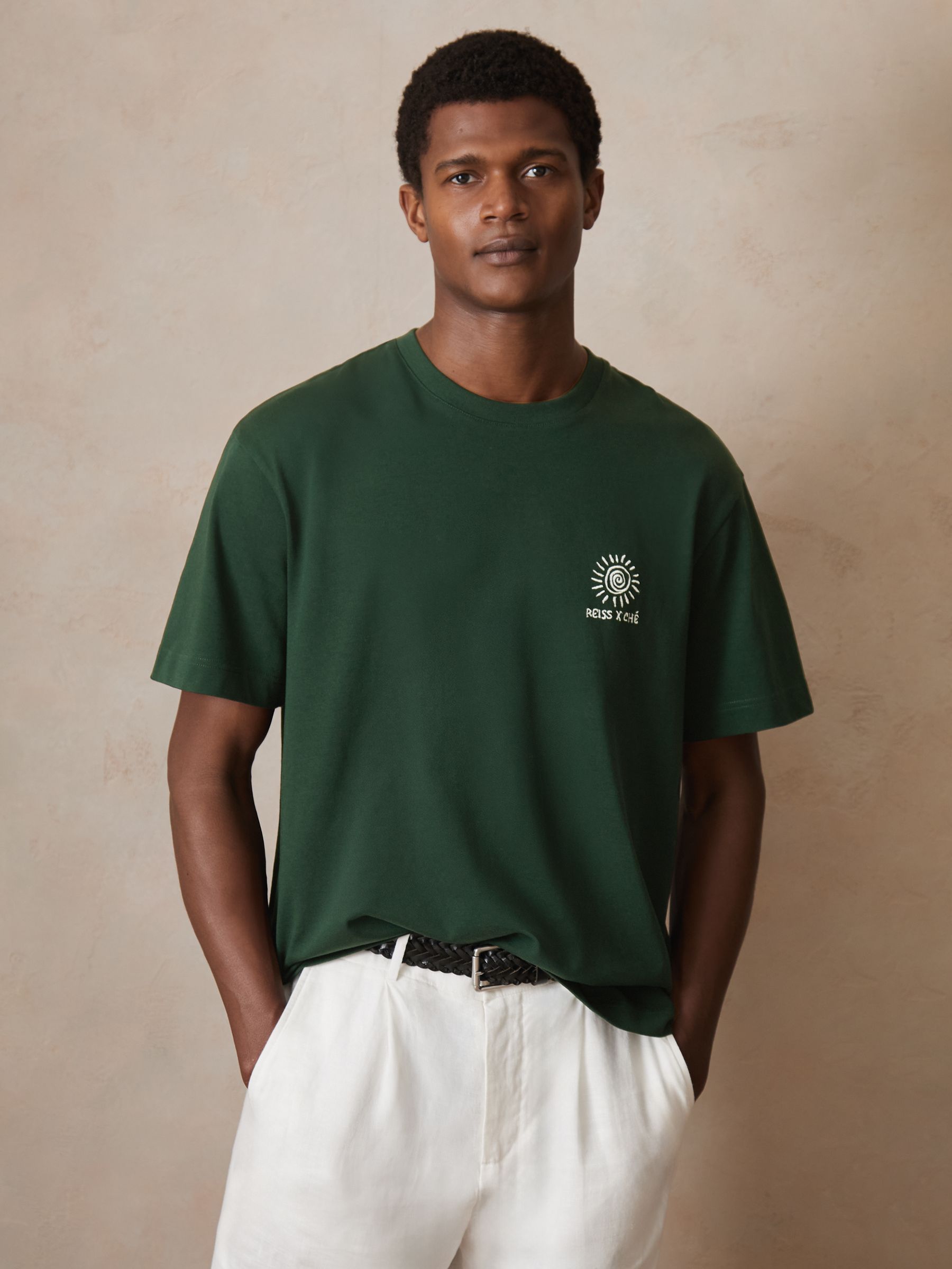 Reiss | Ché Cotton Palm-Tree T-Shirt in Green