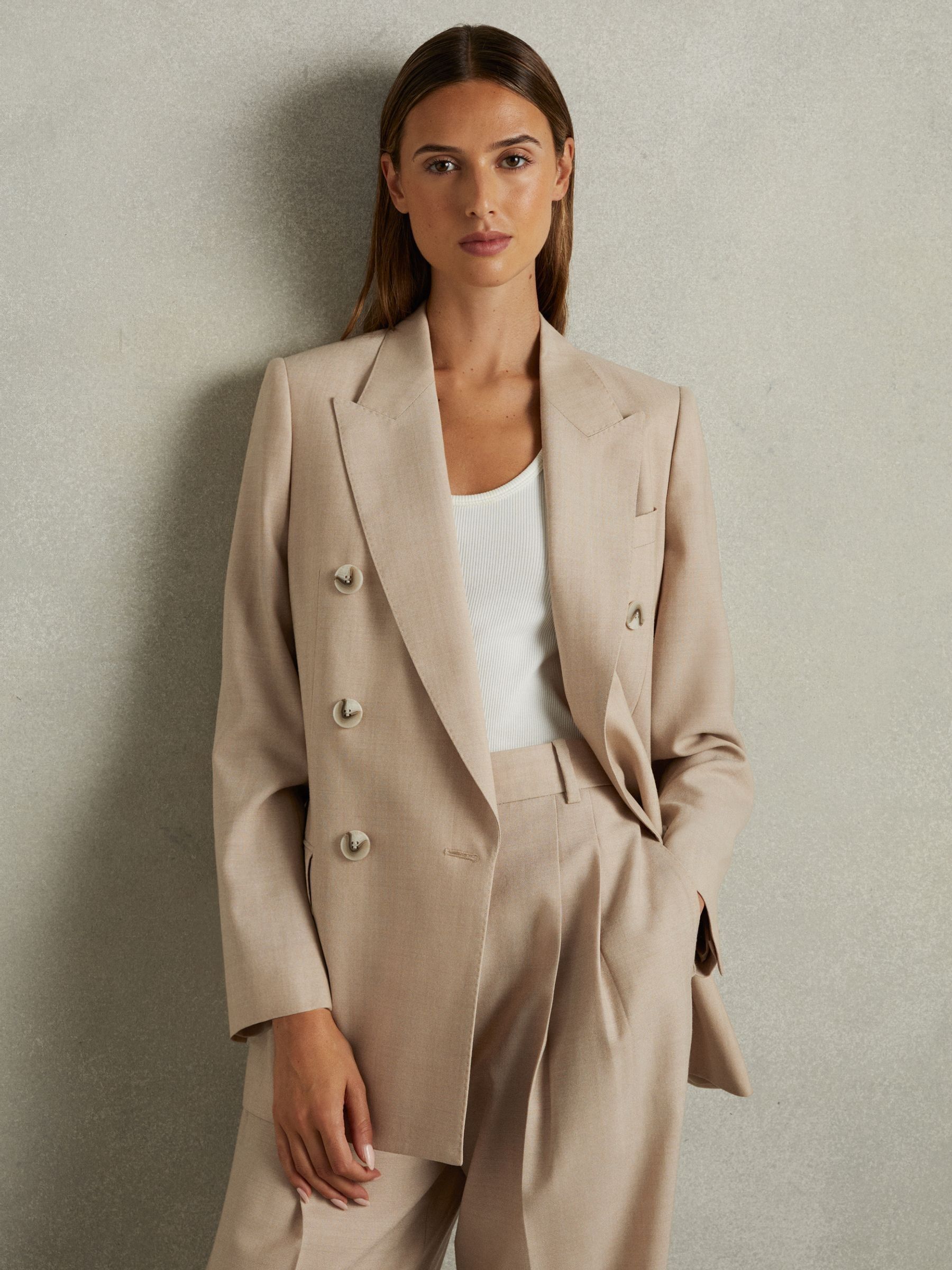 Wool Double Breasted Suit Blazer in Neutral