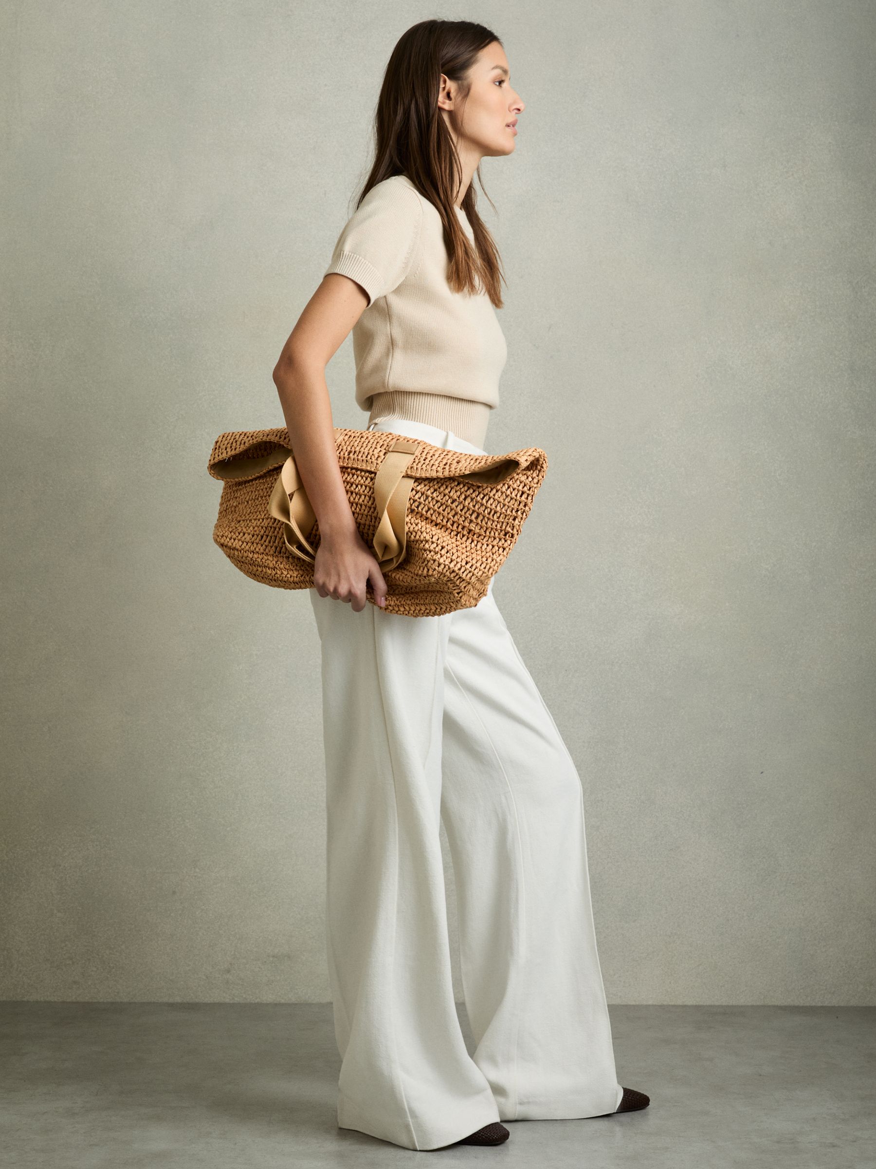 Crochet Raffia Tote Bag in Tan