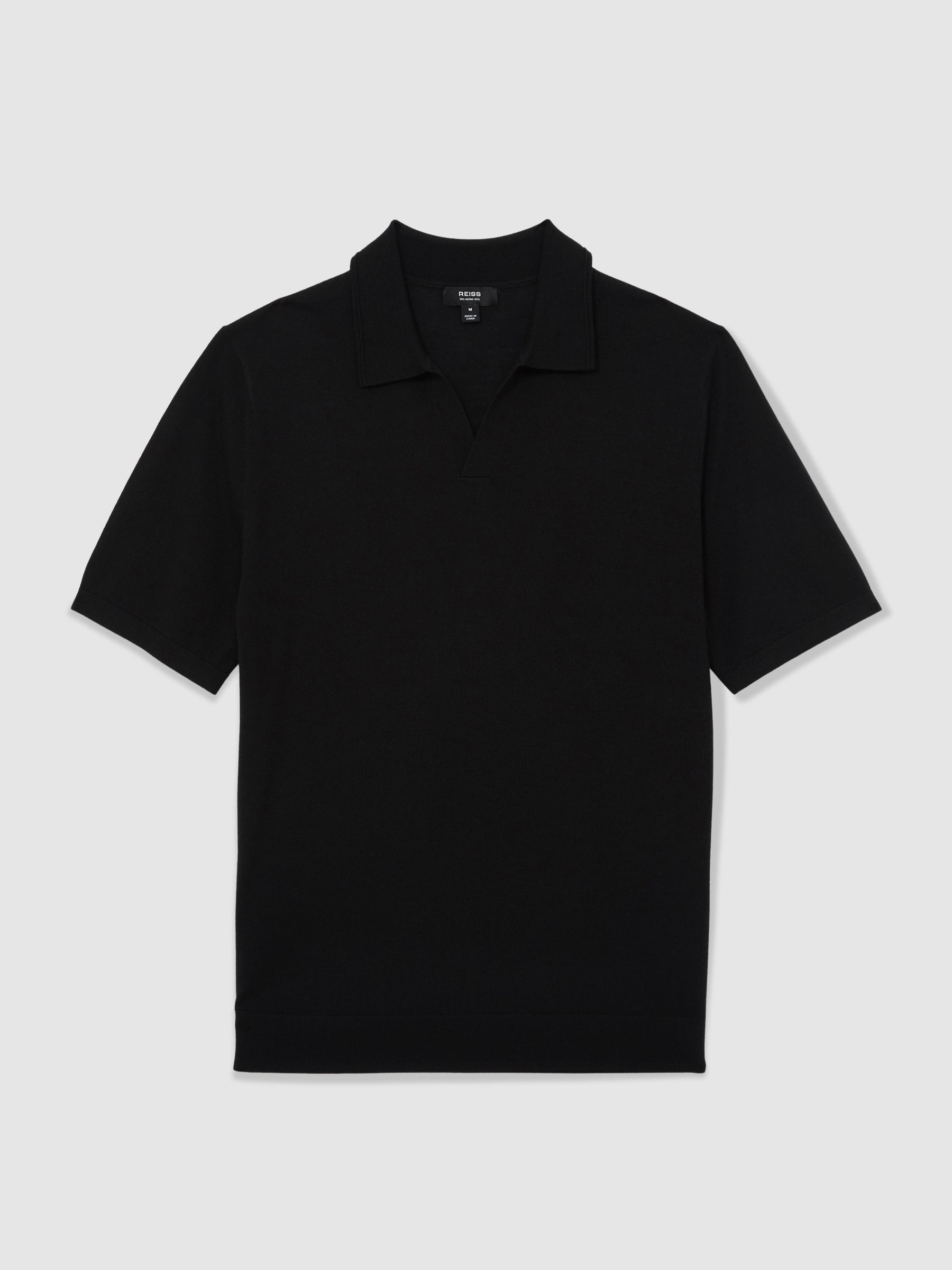 Merino Wool Open-Collar Polo Shirt in Black