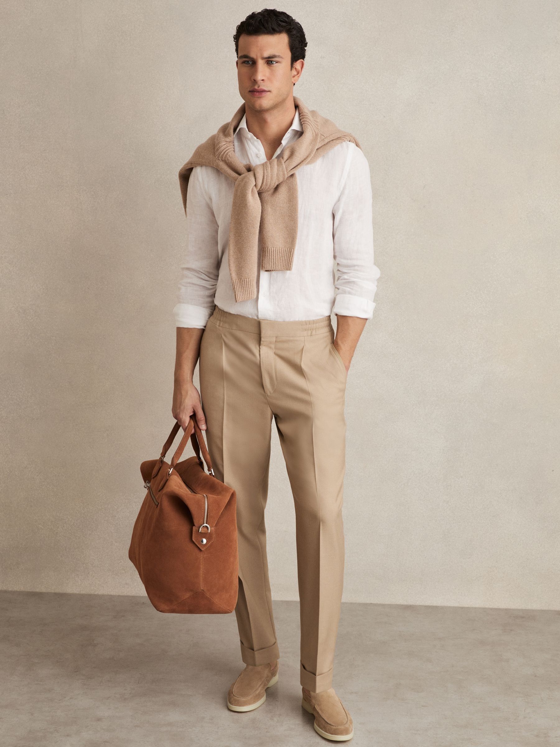 Relaxed Drawstring Trousers with Turn-Ups in Soft Camel Brown