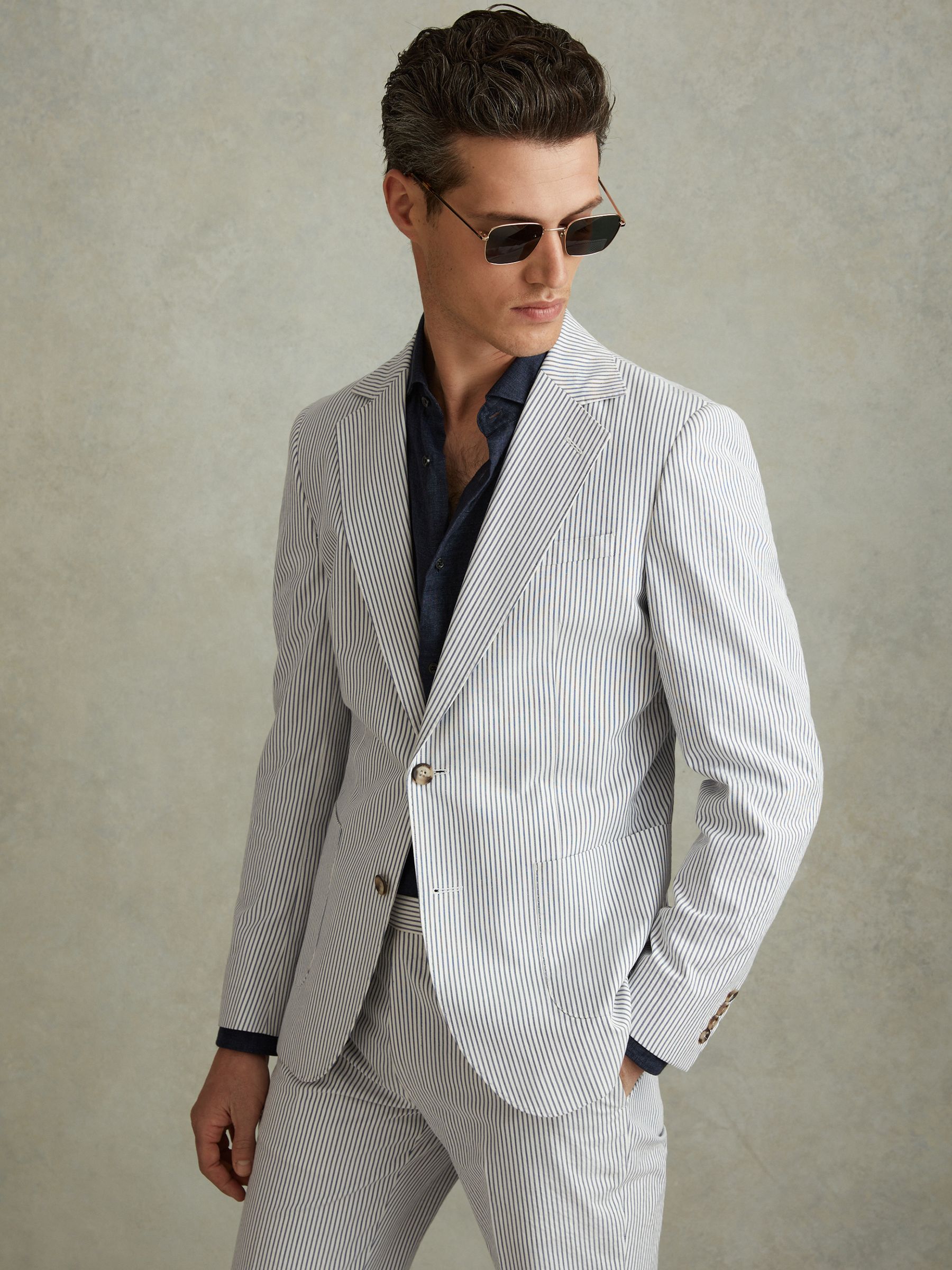 Barr Soft Blue/White Cotton Seersucker Single Breasted Slim Fit Blazer