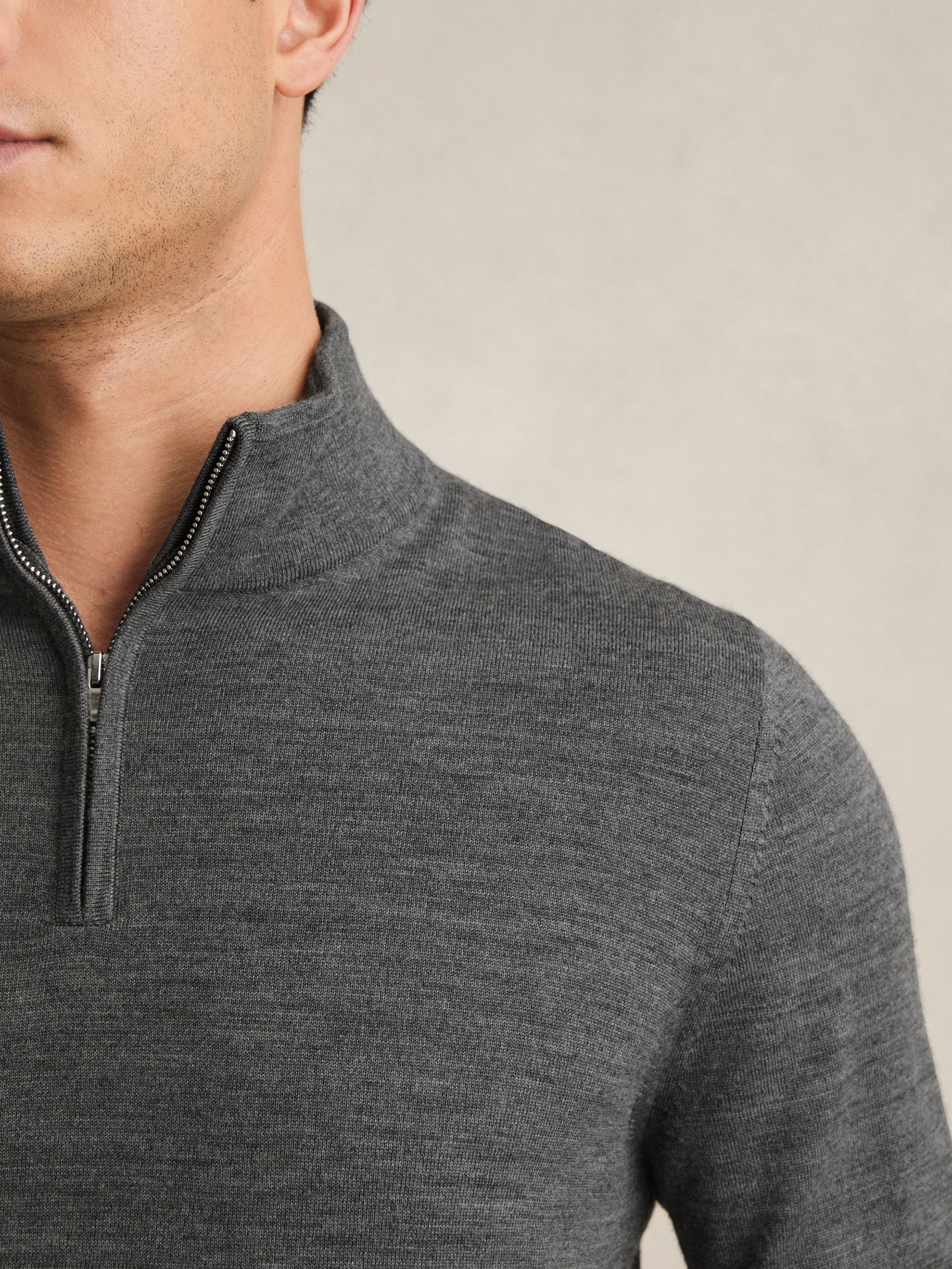 Merino Wool Half-Zip Funnel Neck Jumper in Derby Grey Marl