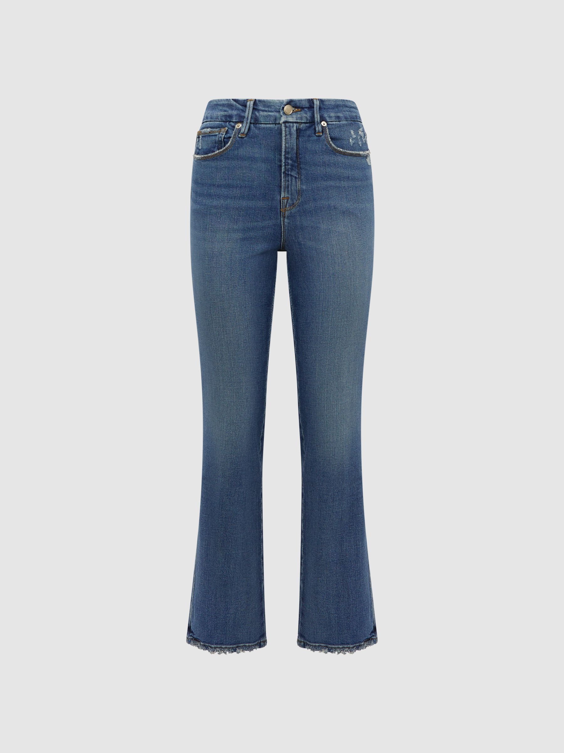 Good American Distressed Straight Leg Jeans in Mid Blue