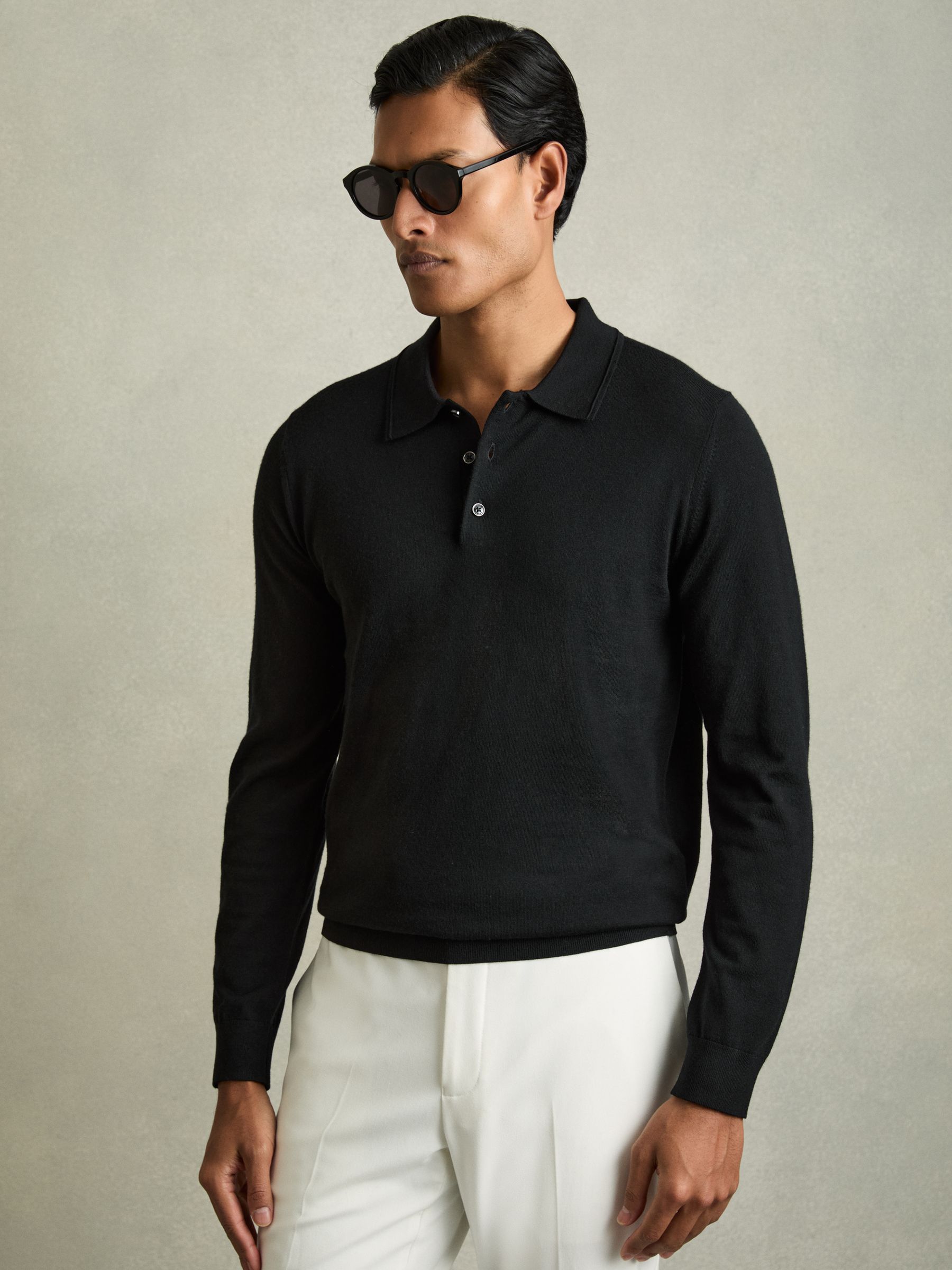 Merino Wool Long-Sleeve Polo Shirt in Black