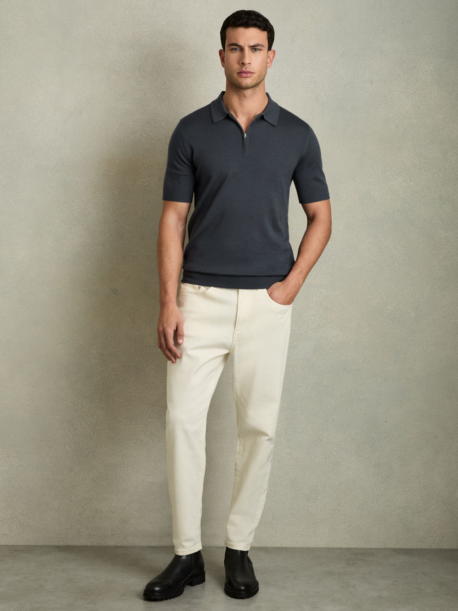 Merino Wool Half-Zip Polo Shirt in Blackened Blue