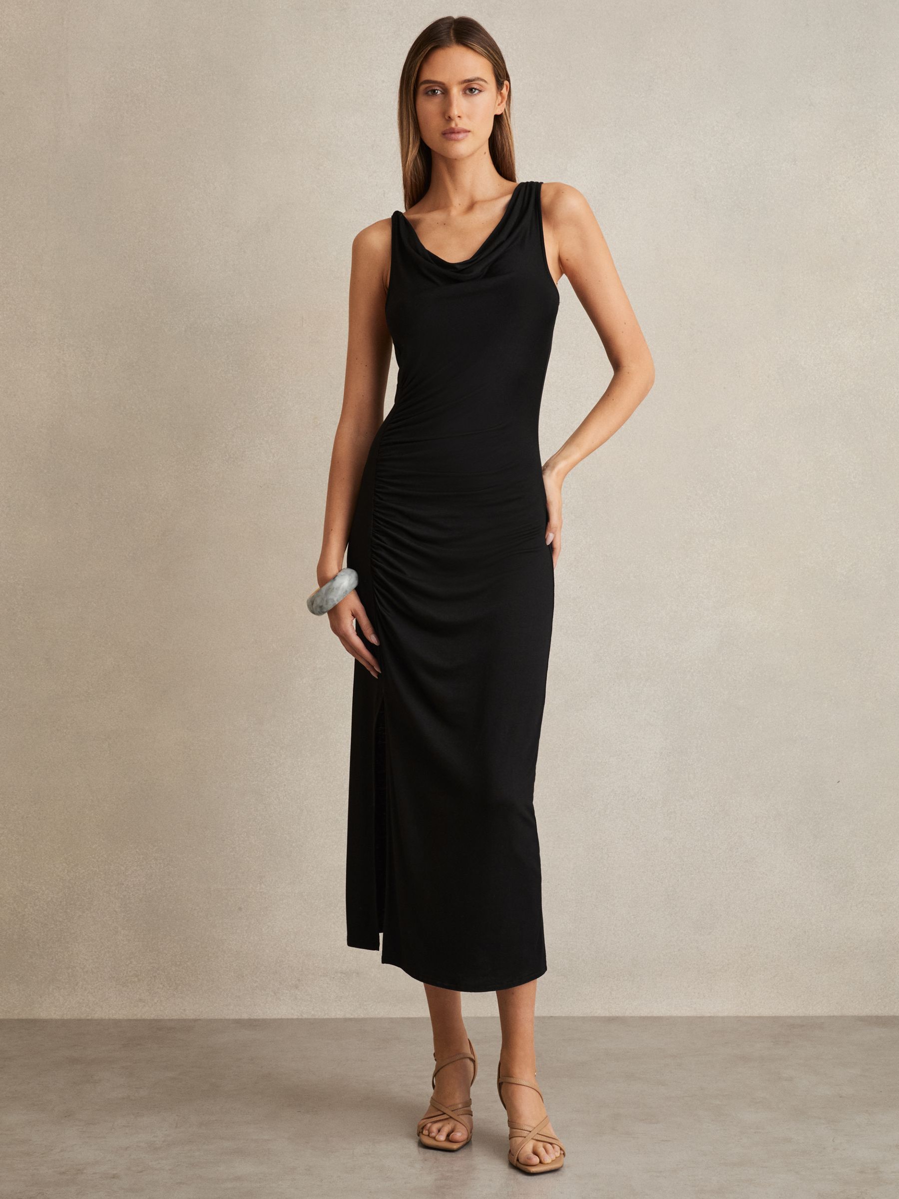 Cowl-Neck Ruched Jersey Midi Dress in Black