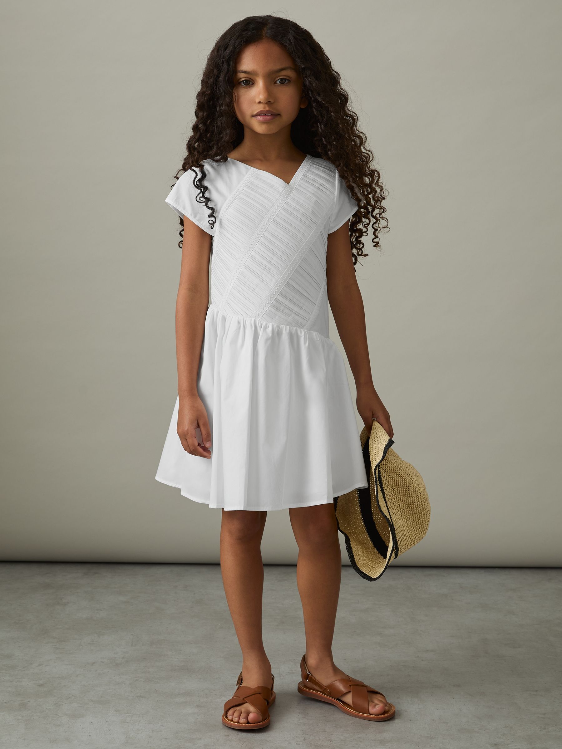 4-9 yrs Cotton Tucked-Pleat Dress in Ivory