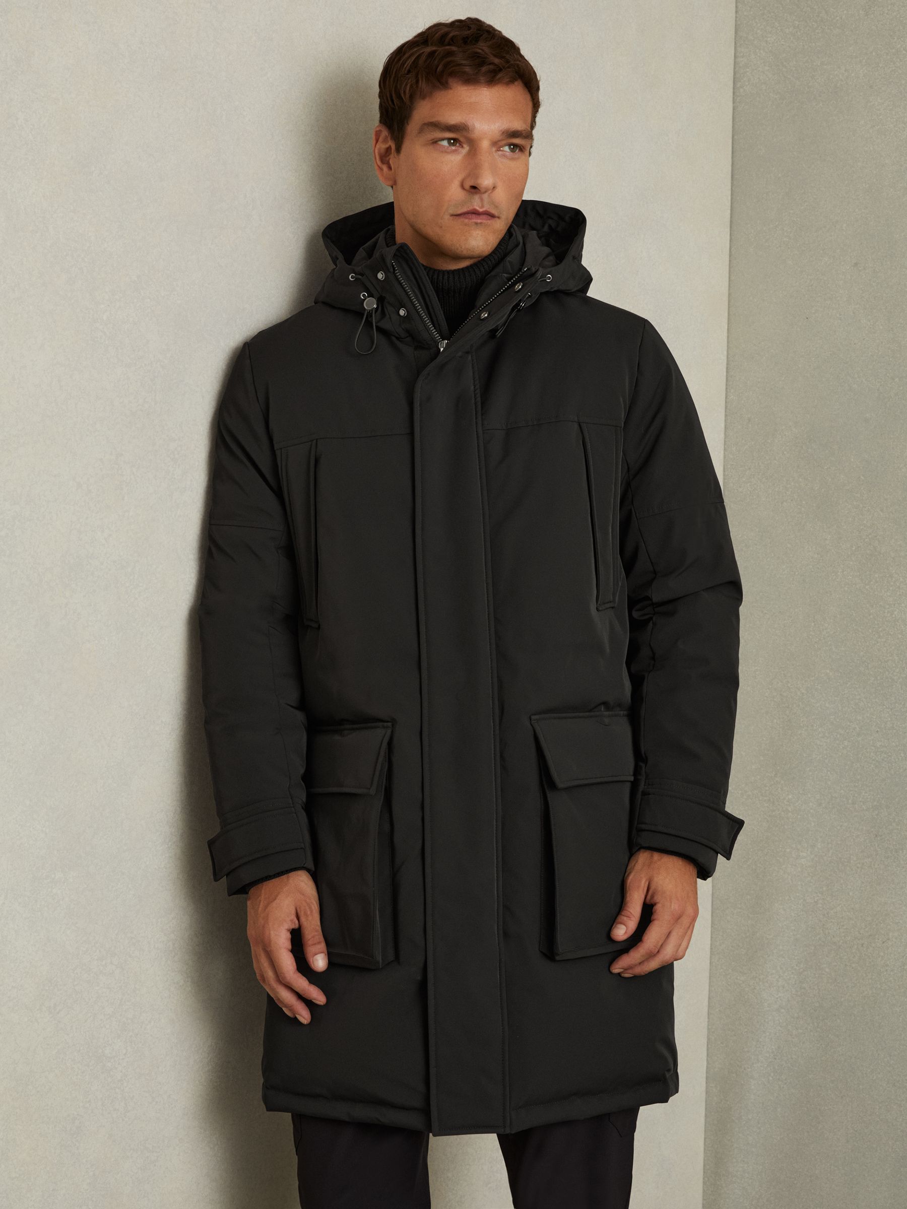 Hooded Shell Down Coat in Black