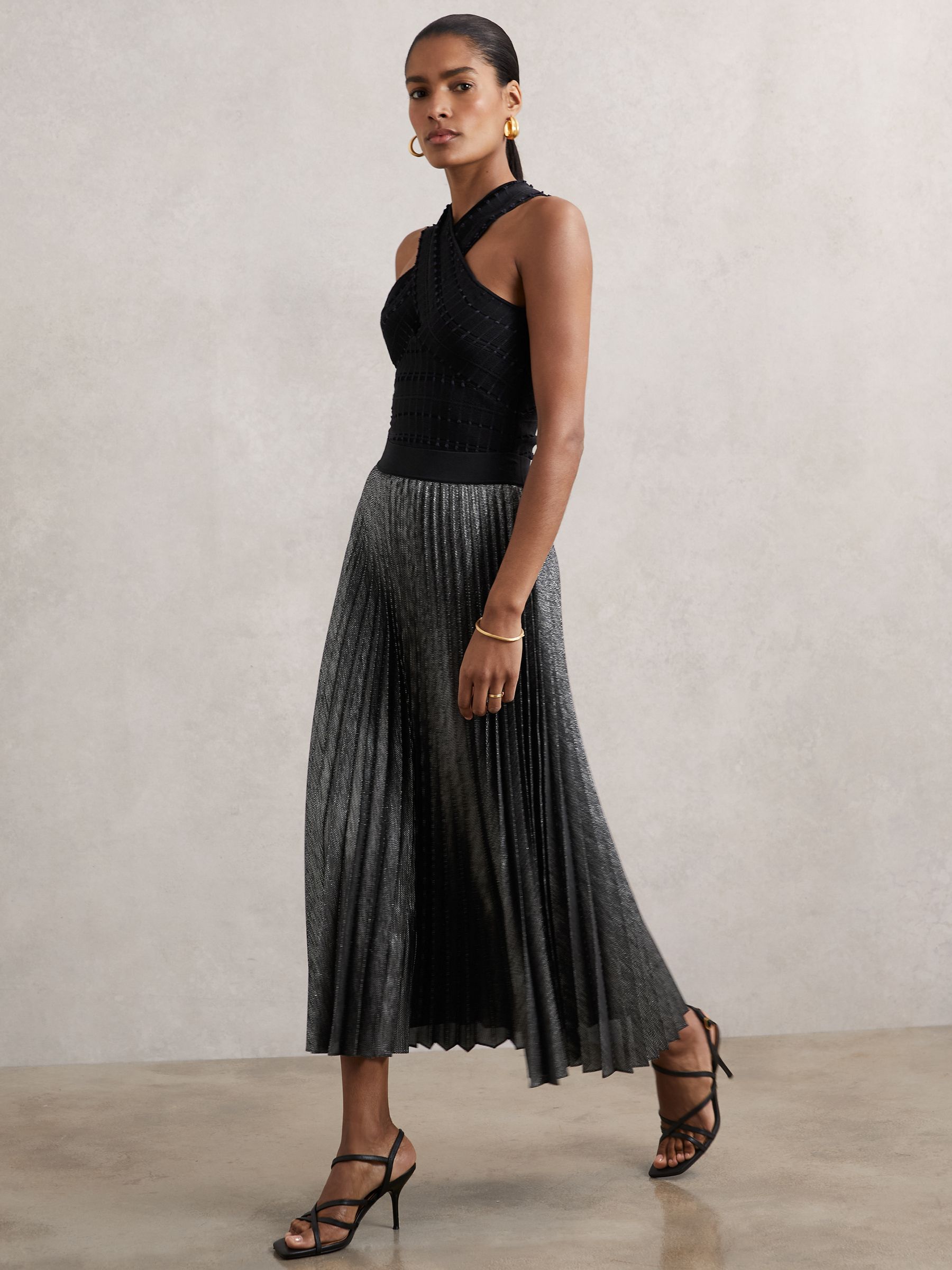 Metallic Pleated Midi Skirt in Charcoal Grey