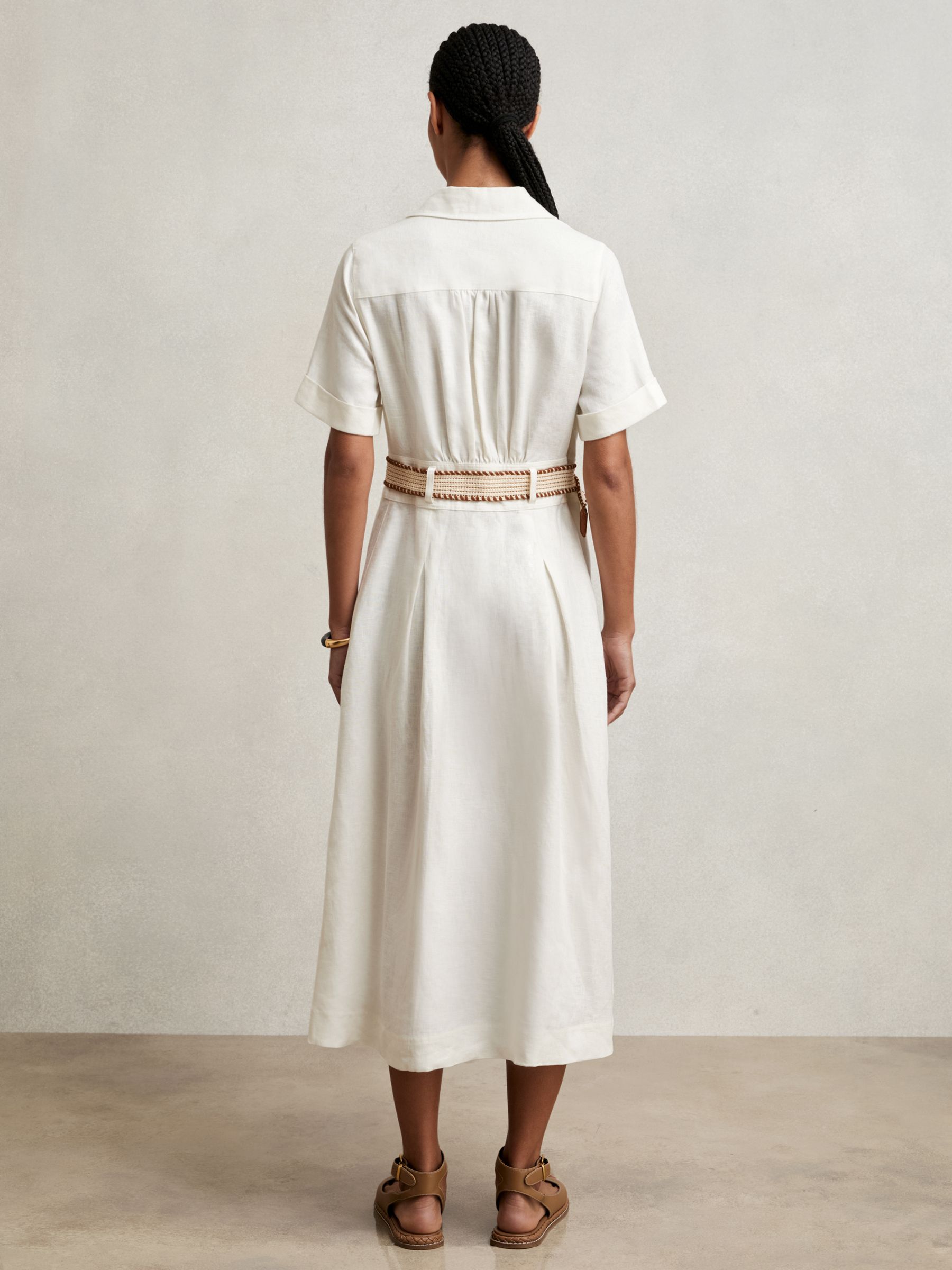 Petite Linen Belted Midi Shirt Dress in Ivory