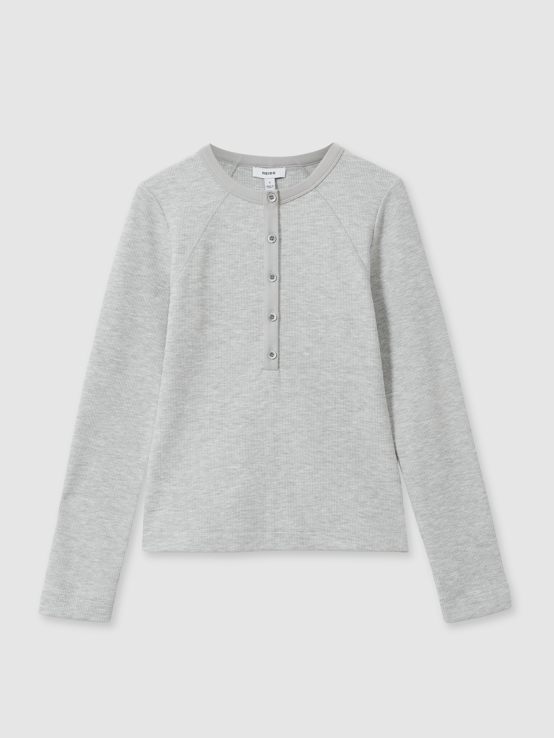 Waffle Jersey Henley Top with Cotton in Grey Marl