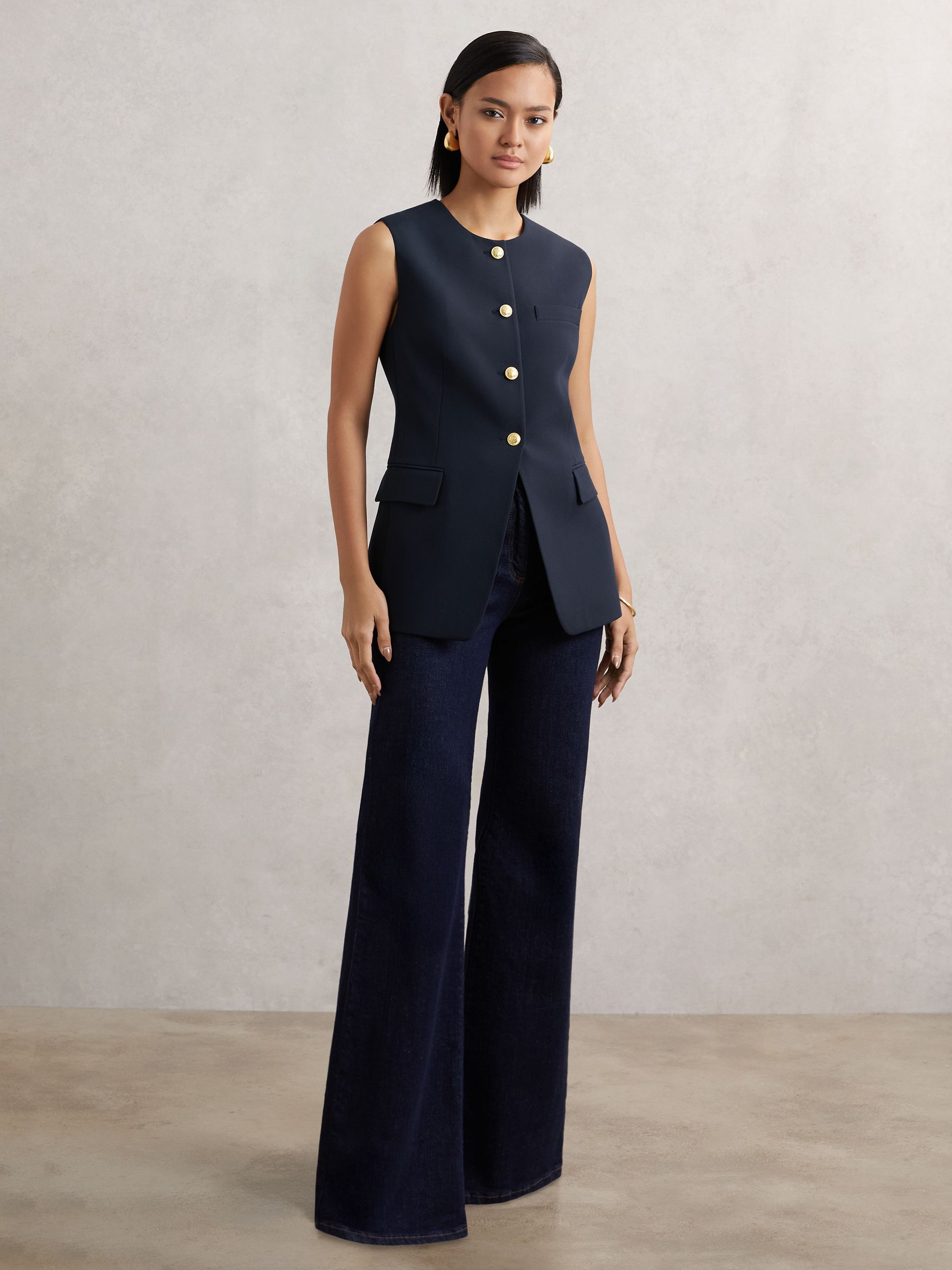 High-Neck Longline Waistcoat in Navy