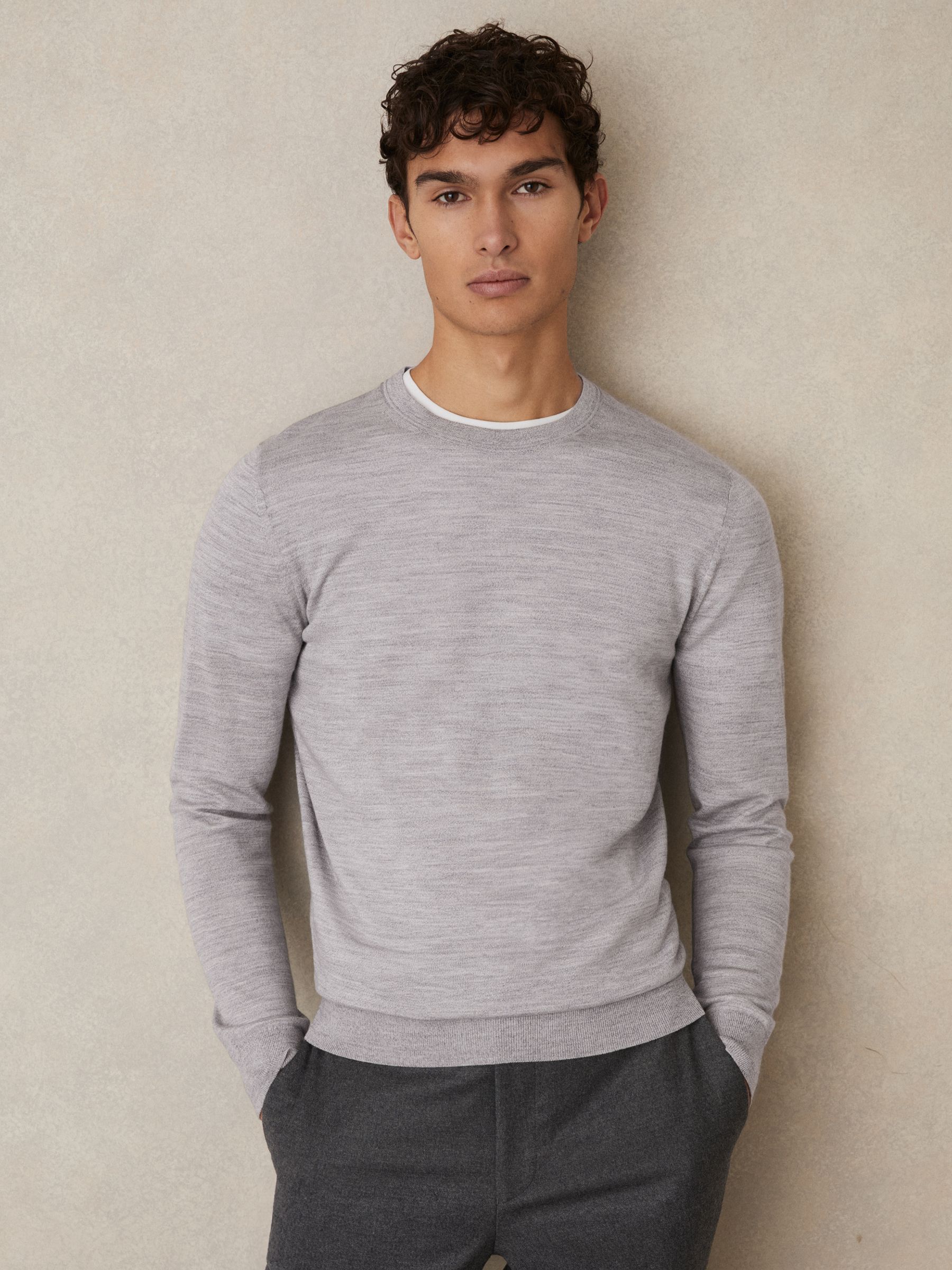 Merino Wool Crew Neck Jumper in Soft Grey Mouline