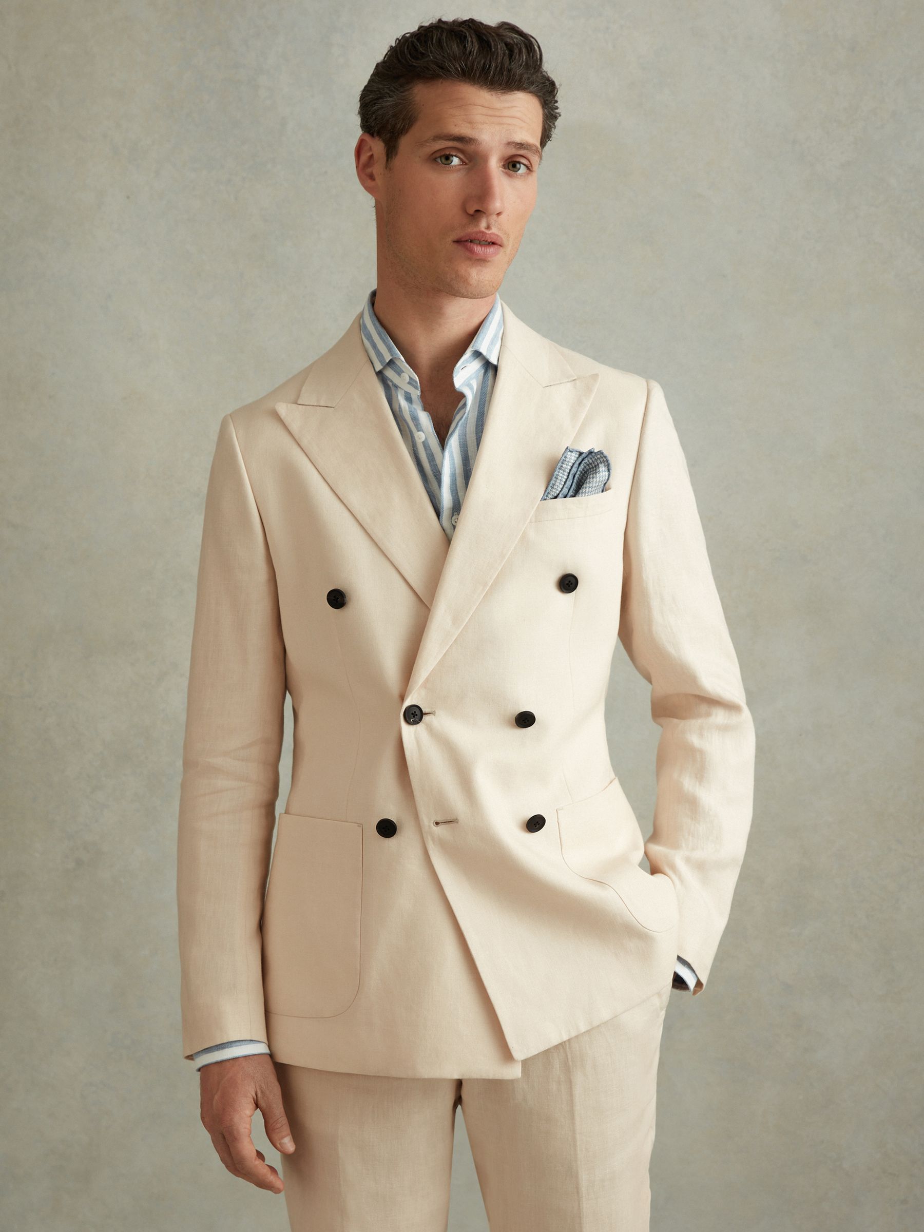 Double Breasted 100% Linen Slim Fit Blazer in Stone